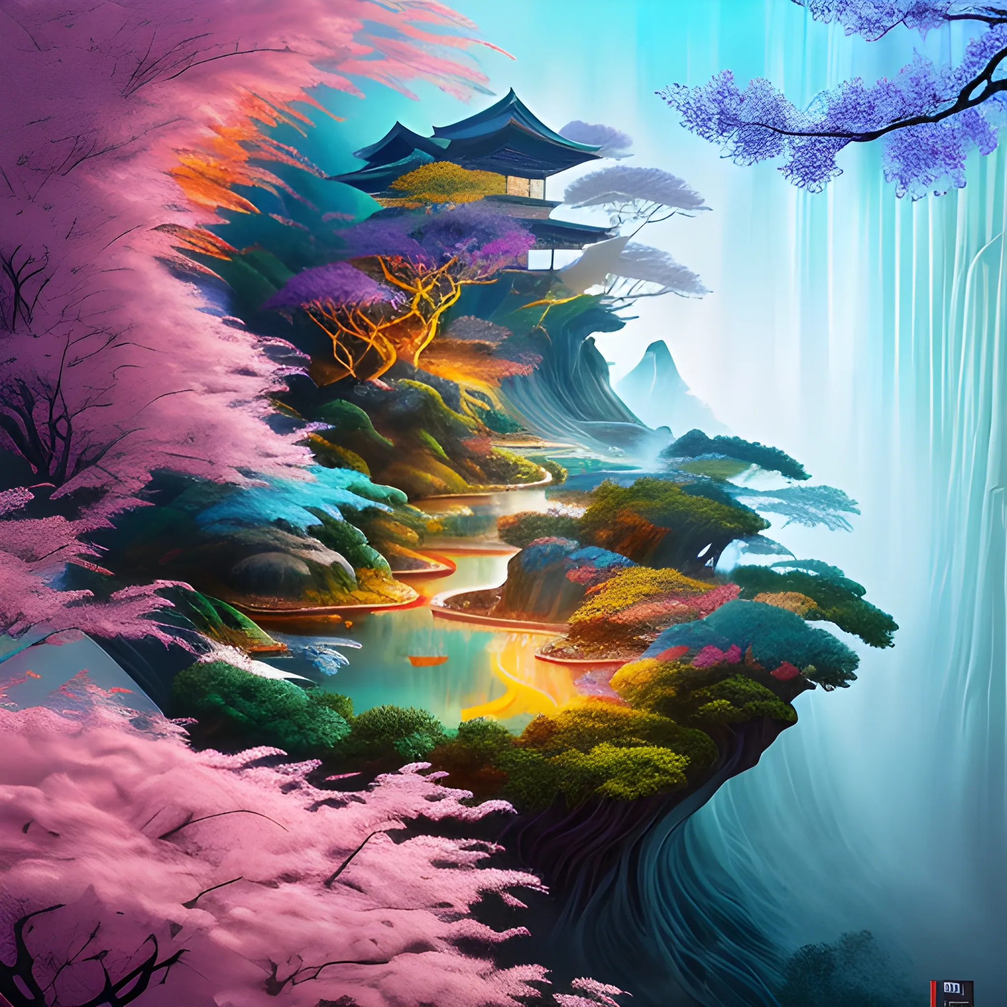 (by Ananta Mandal (and Andrew Biraj:0.5)), (in the style of nihonga), Style: Abstract, Medium: Digital illustration, Subject: A Guanshiyin Pusa in the middle of picture, An otherworldly landscape with floating islands, cascading waterfalls, and vibrant flora and fauna. Camera Angle: Overhead shot capturing the vastness and intricate details of the scene. The colors are saturated, and the lighting creates a warm and ethereal atmosphere. The painting is highly detailed, with every brushstroke capturing the complexity of the imaginary world., (high quality), (detailed), (masterpiece), (best quality), (highres), (extremely detailed), (8k), seed:792333689