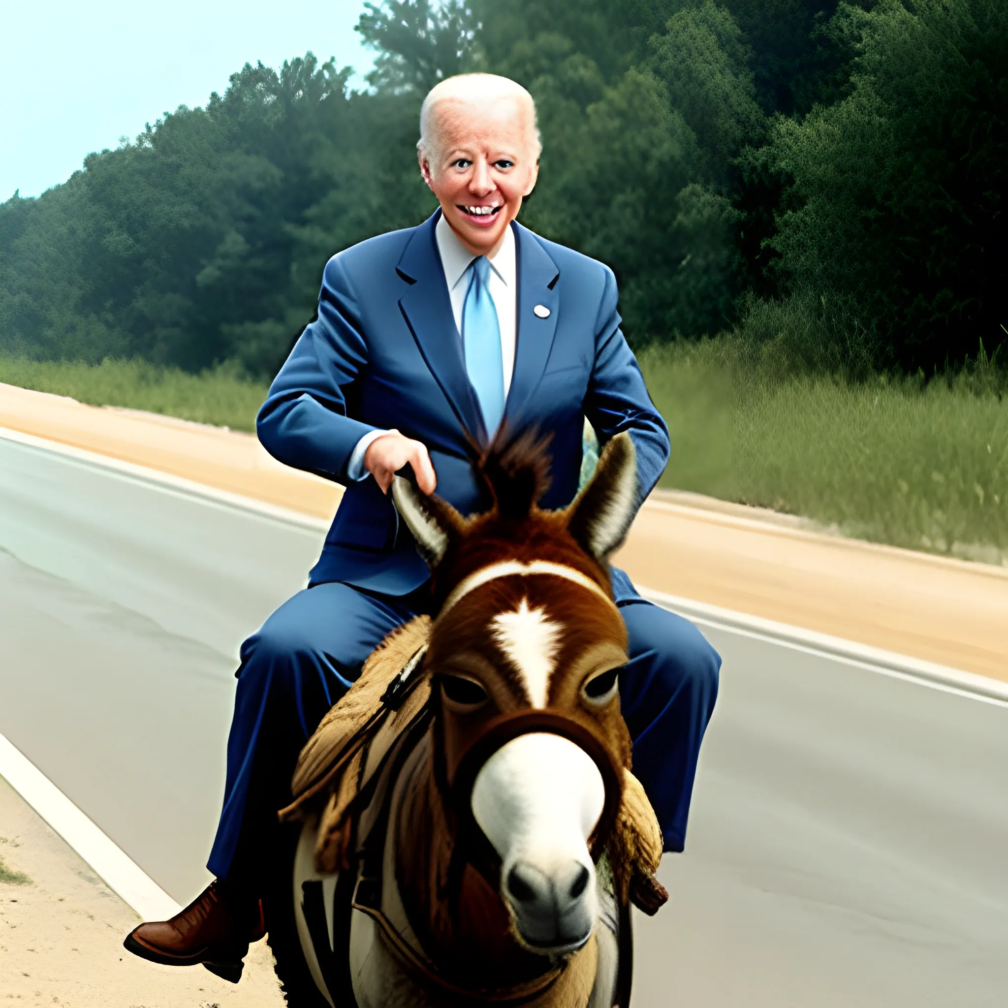 old Biden riding a donkey on an empty highway