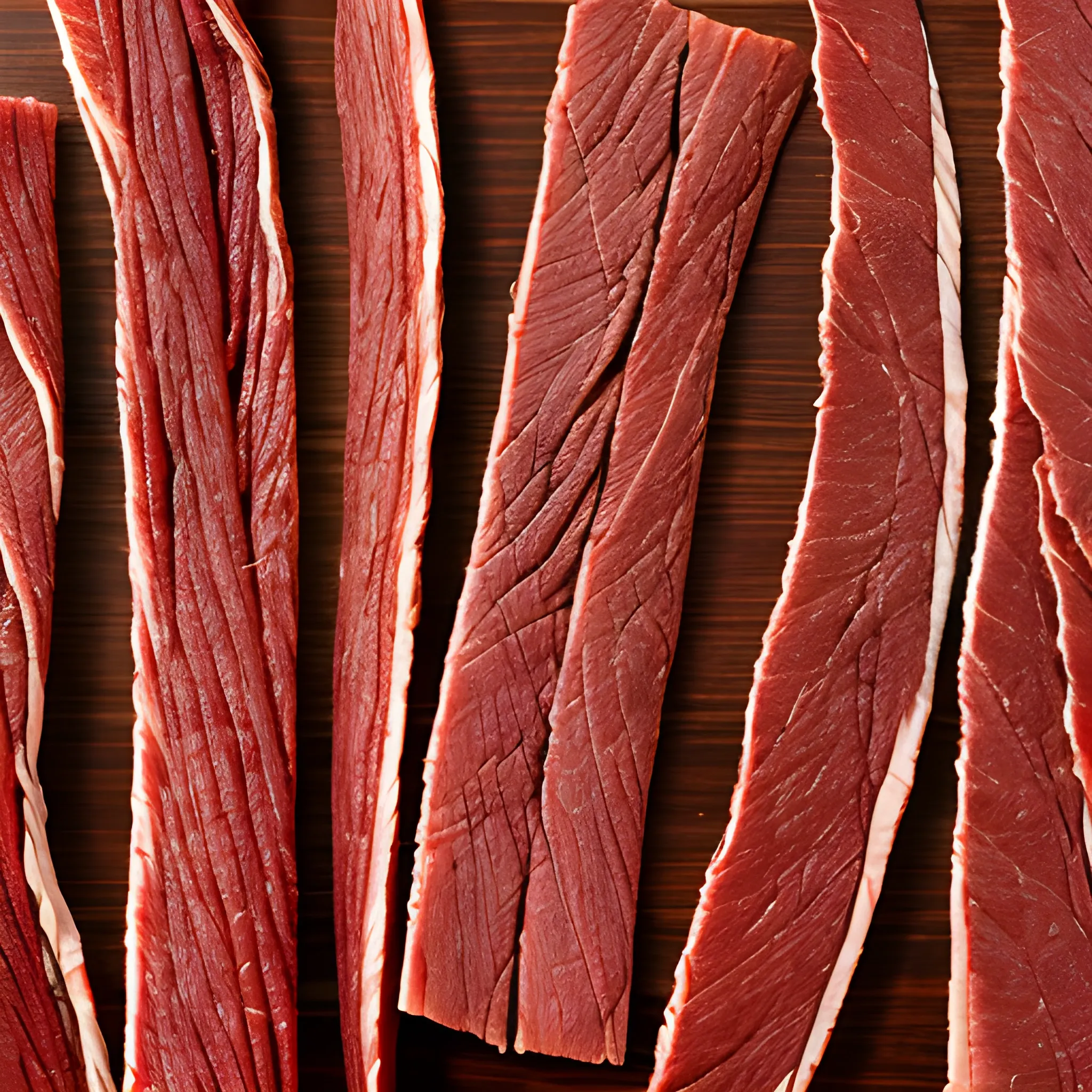 Dark red strips of air-dried beef jerky