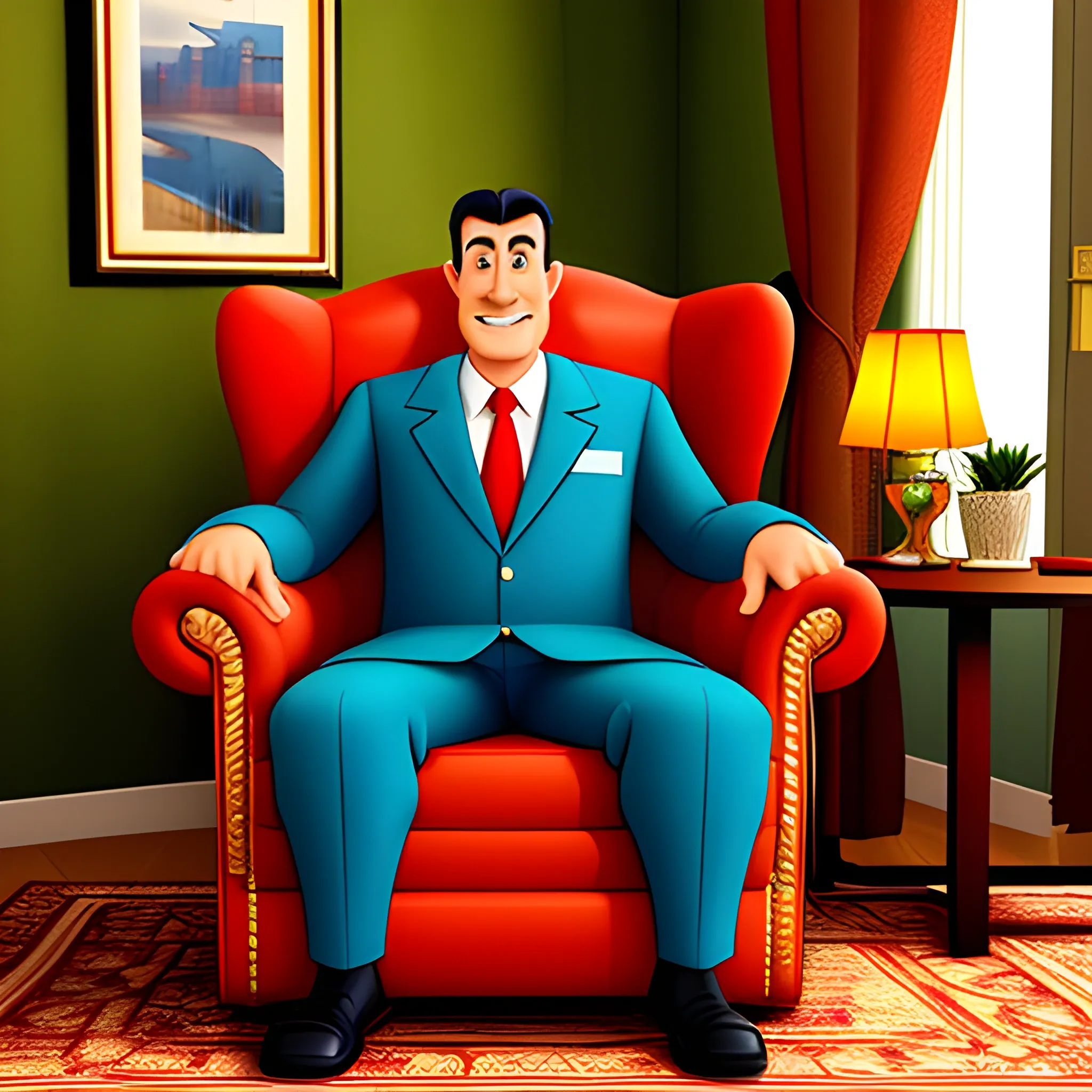 a kazaqstan boy sitting on the armchair, it's his birthday today, in style disney's animation, Cartoon