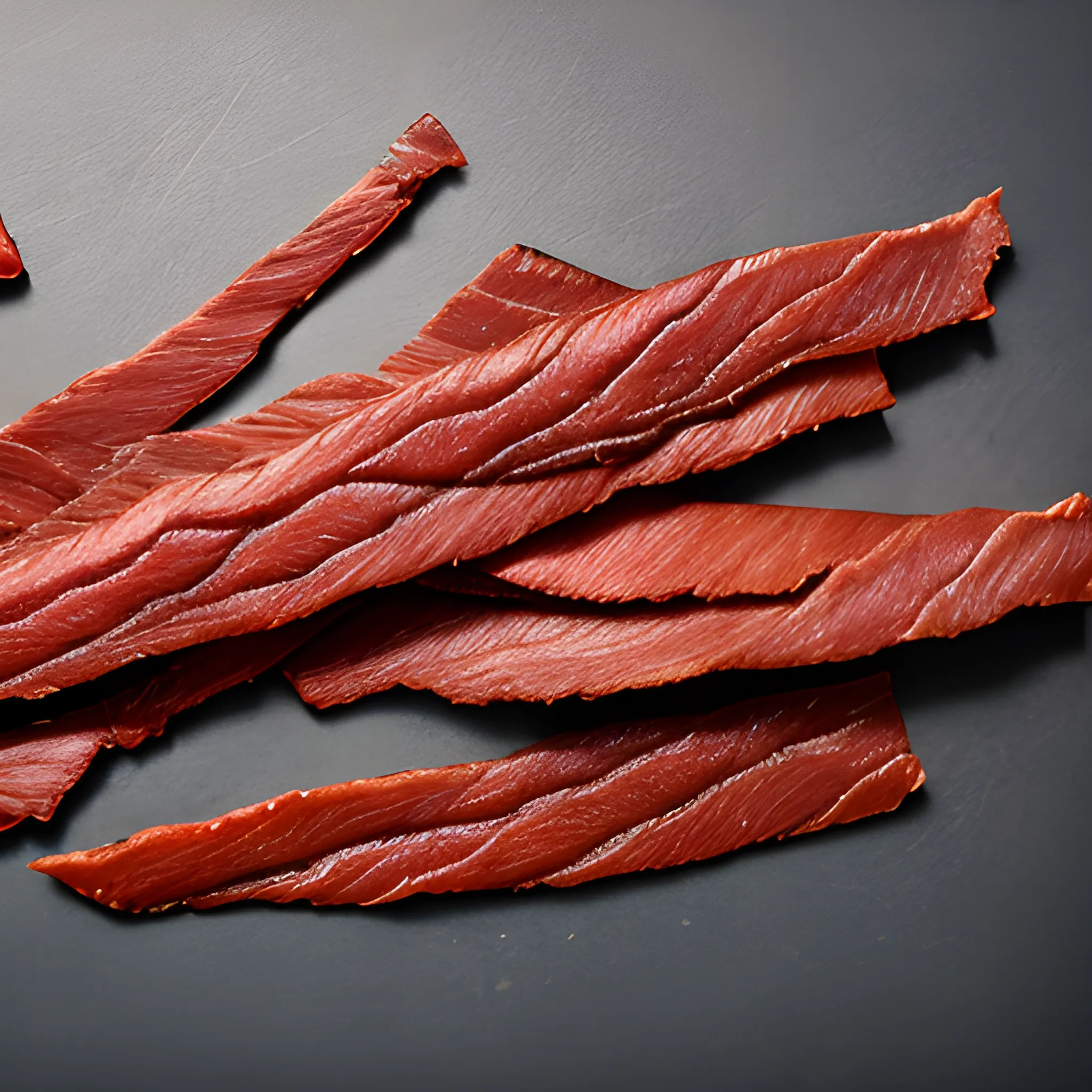 Dark red strips of air-dried beef jerky