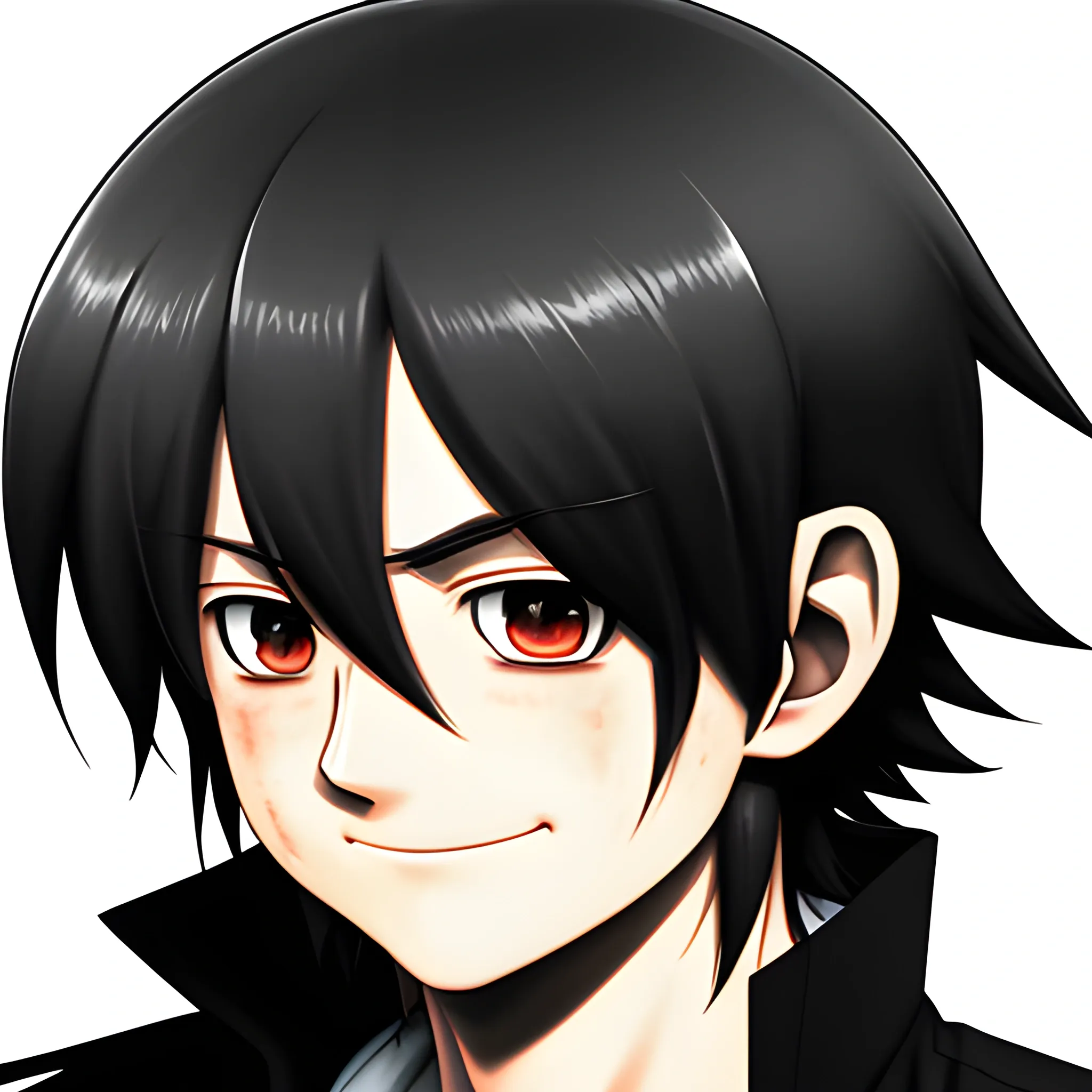 L lawliet smiling, side view, manga panel portrait style, black hair, restless eyes, eyebags, 