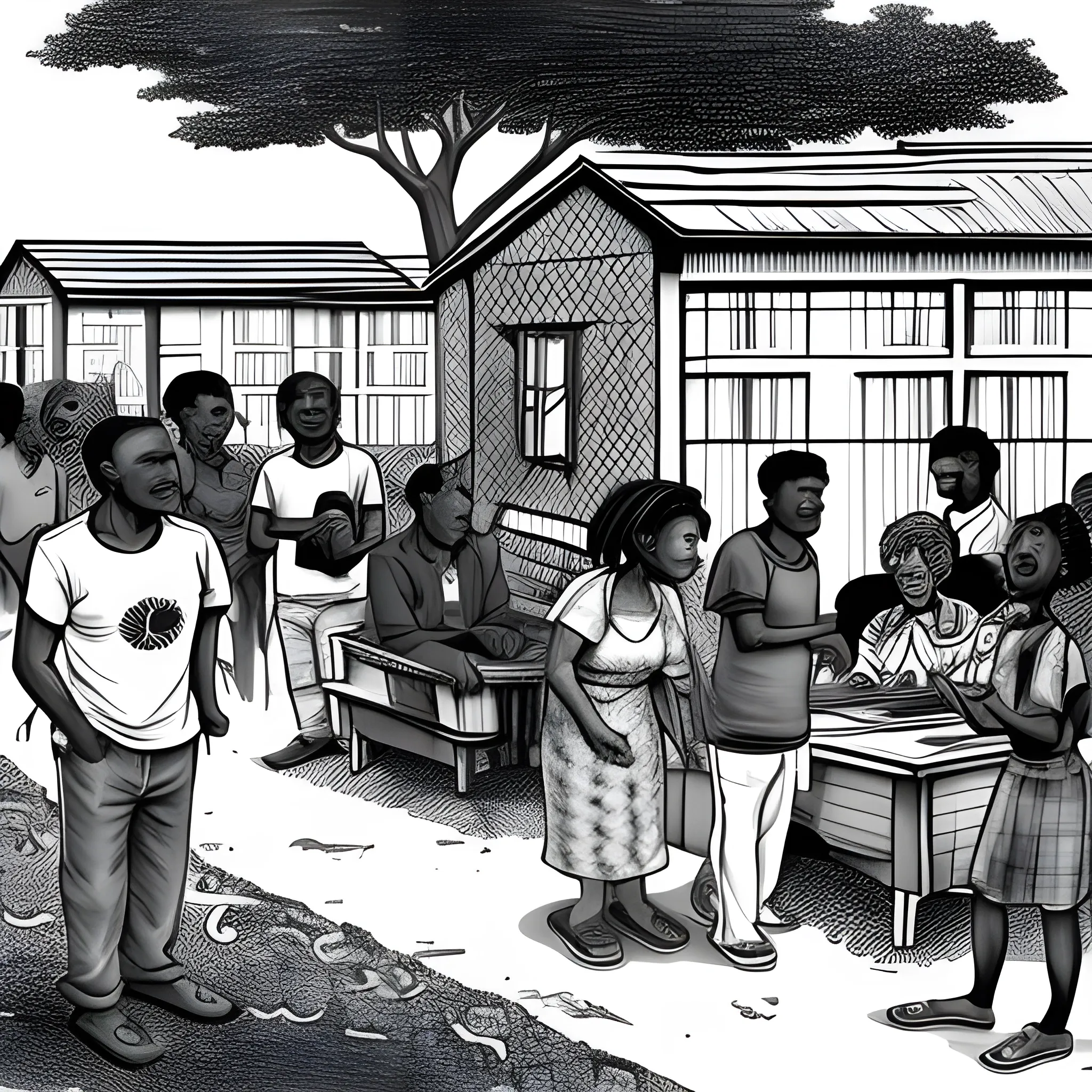 a black community, men and women in an informal housing project,  cartoon, 