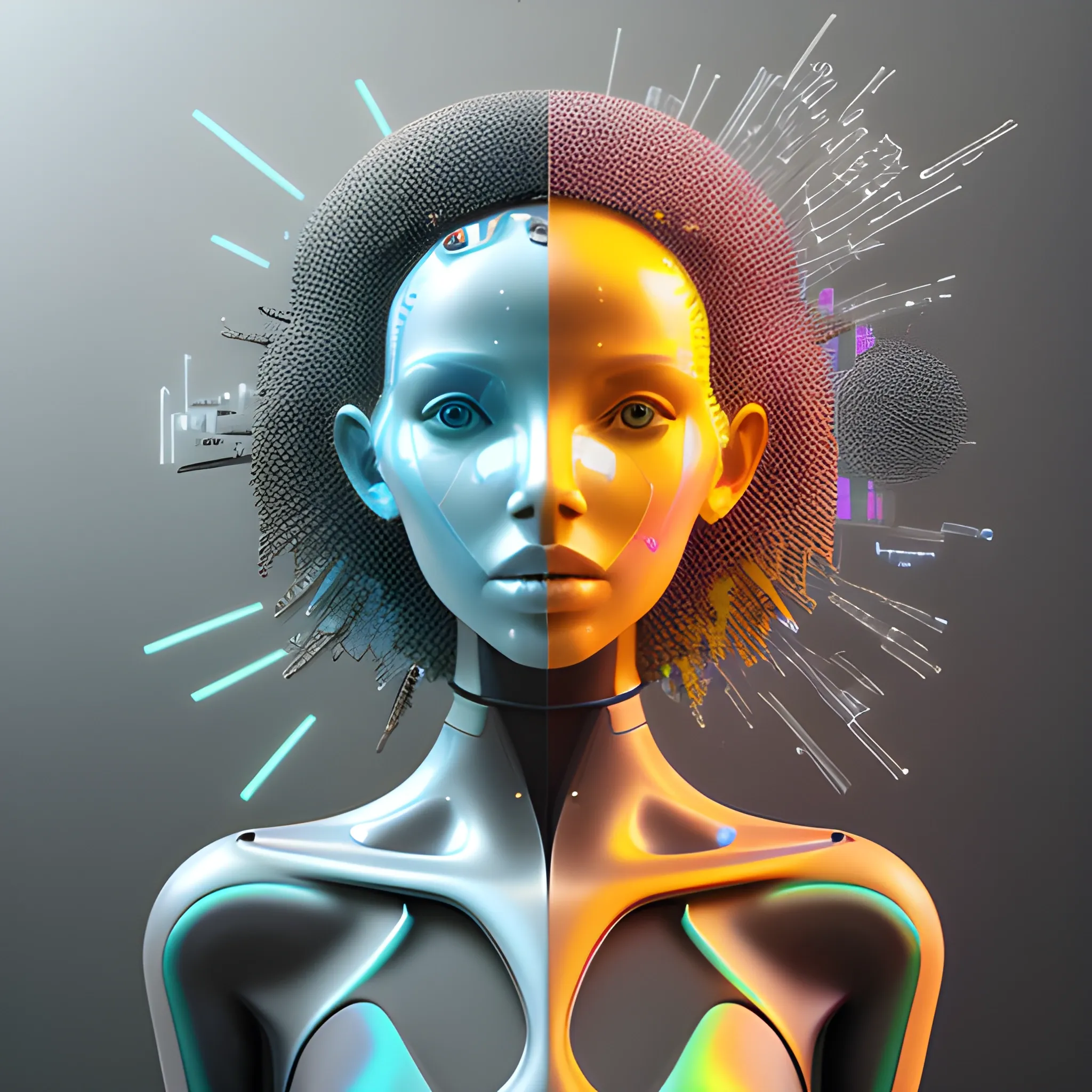 Unreal Engine, people in the center of artificial intelligence technologies around expressing the concept oand how it is implemented to technology is the main concept it has to express, naturalistic background,fashion magazines of the generation bit,  spray paint,  acrylic, high contrast, colorful polychromy, ultra detailed, ultra quality, 3D 