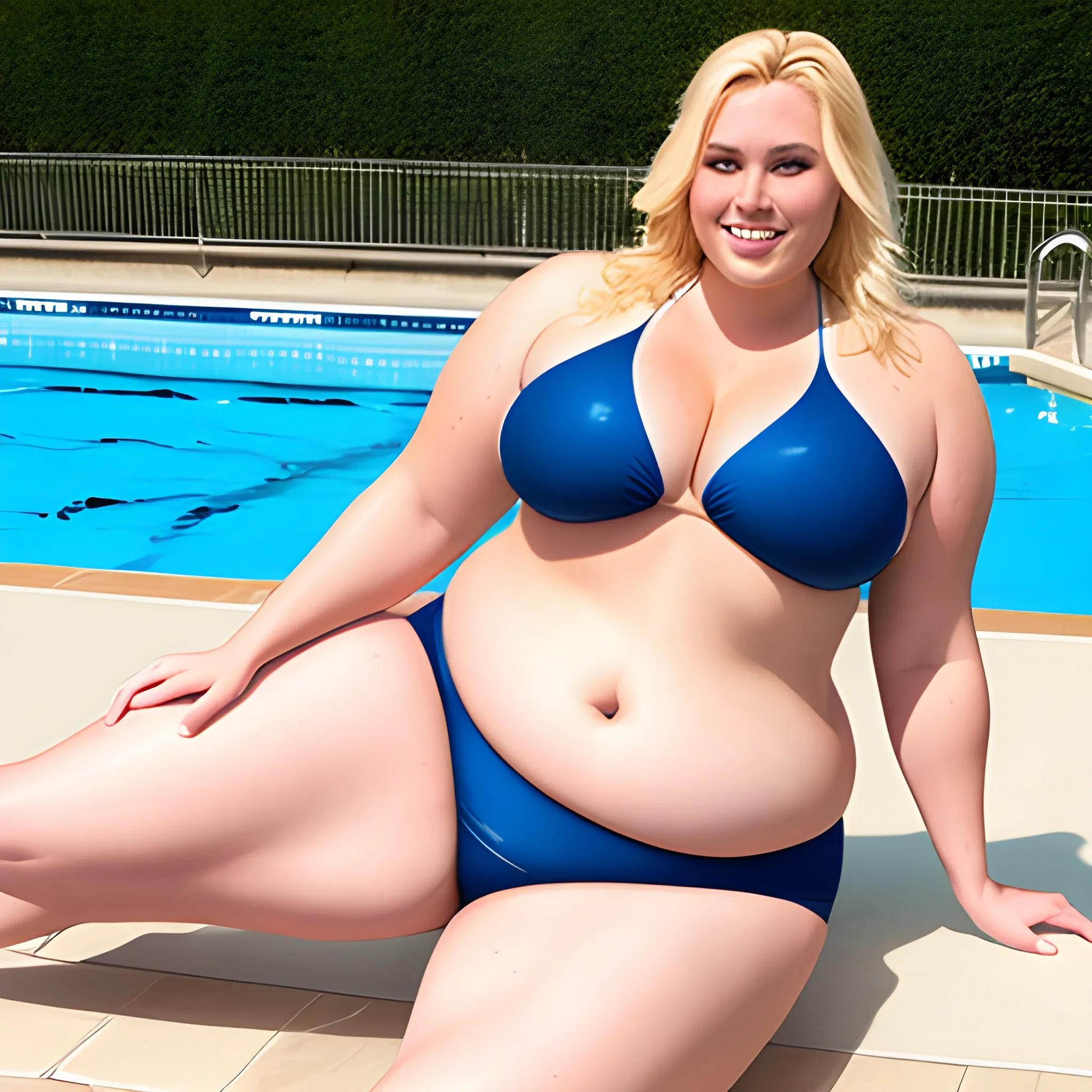 large overweight plus size thick blonde schoolgirl training swimming in large pool with her sister 