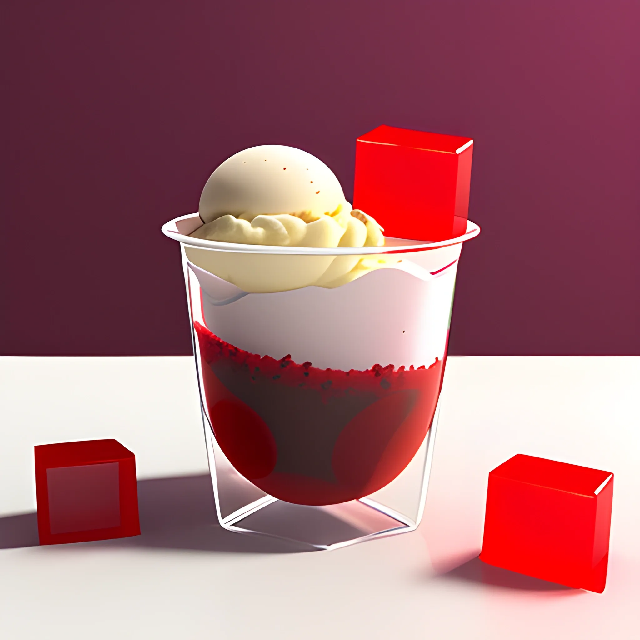 a transparent cup showing squares of red jelly with two scoops of vanilla ice cream, 3D