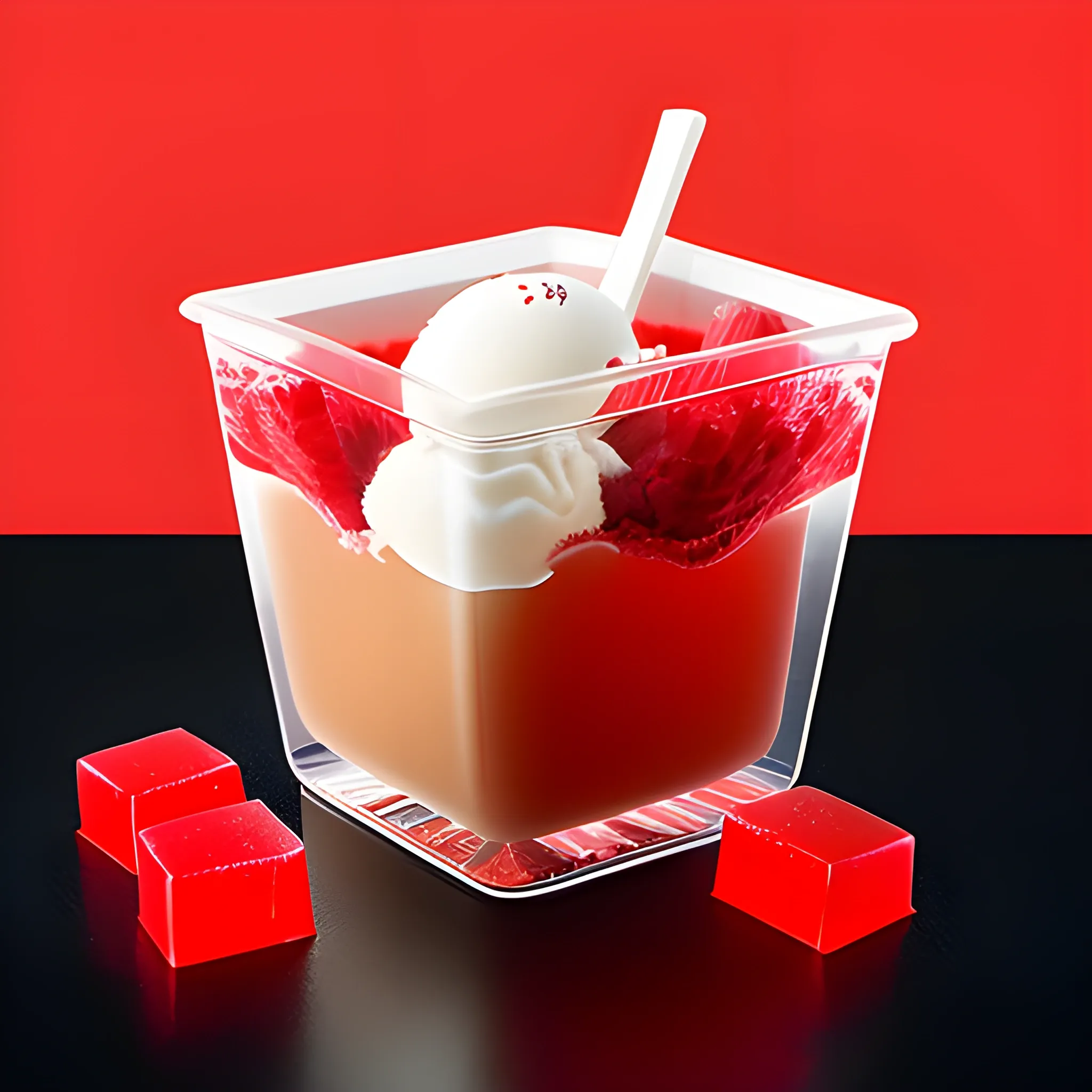 a transparent cup containing only squares of red jelly with two scoops of vanilla ice cream, the background of the image is hot lake