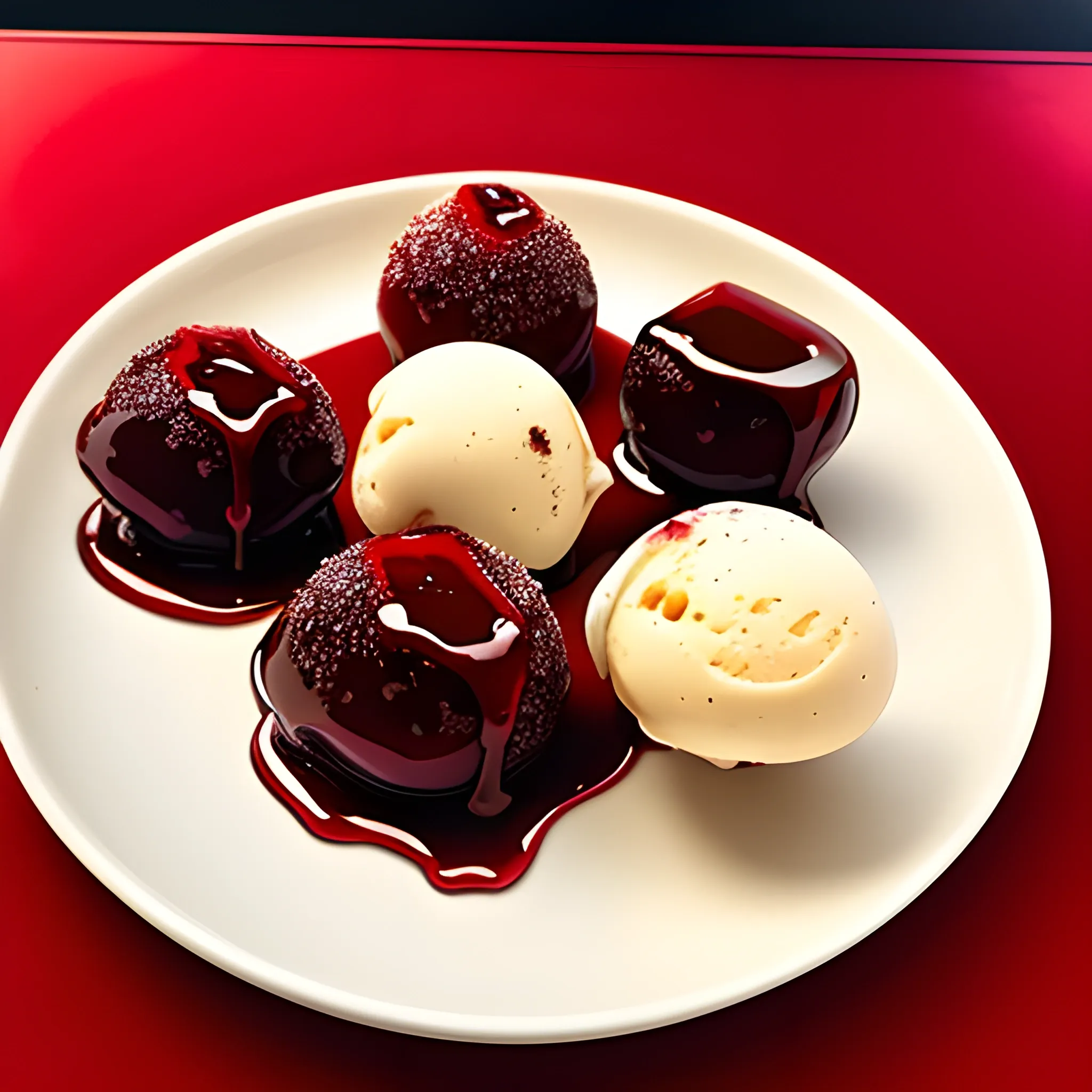 small deep plate, containing vanilla ice cream in balls and squares of red jelly