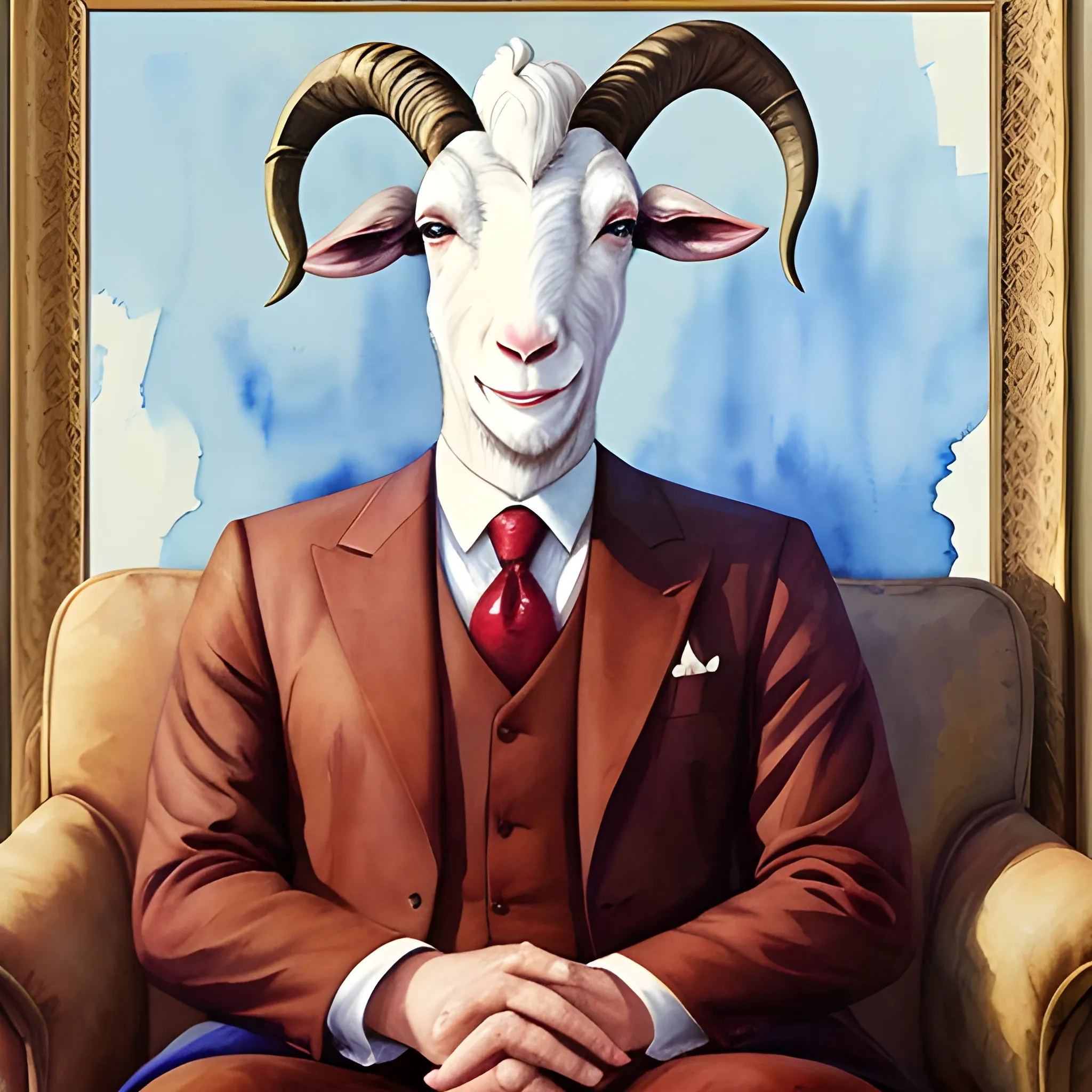 Elegant executive goat man sitting on a sofa smiling, Water Color, Oil Painting