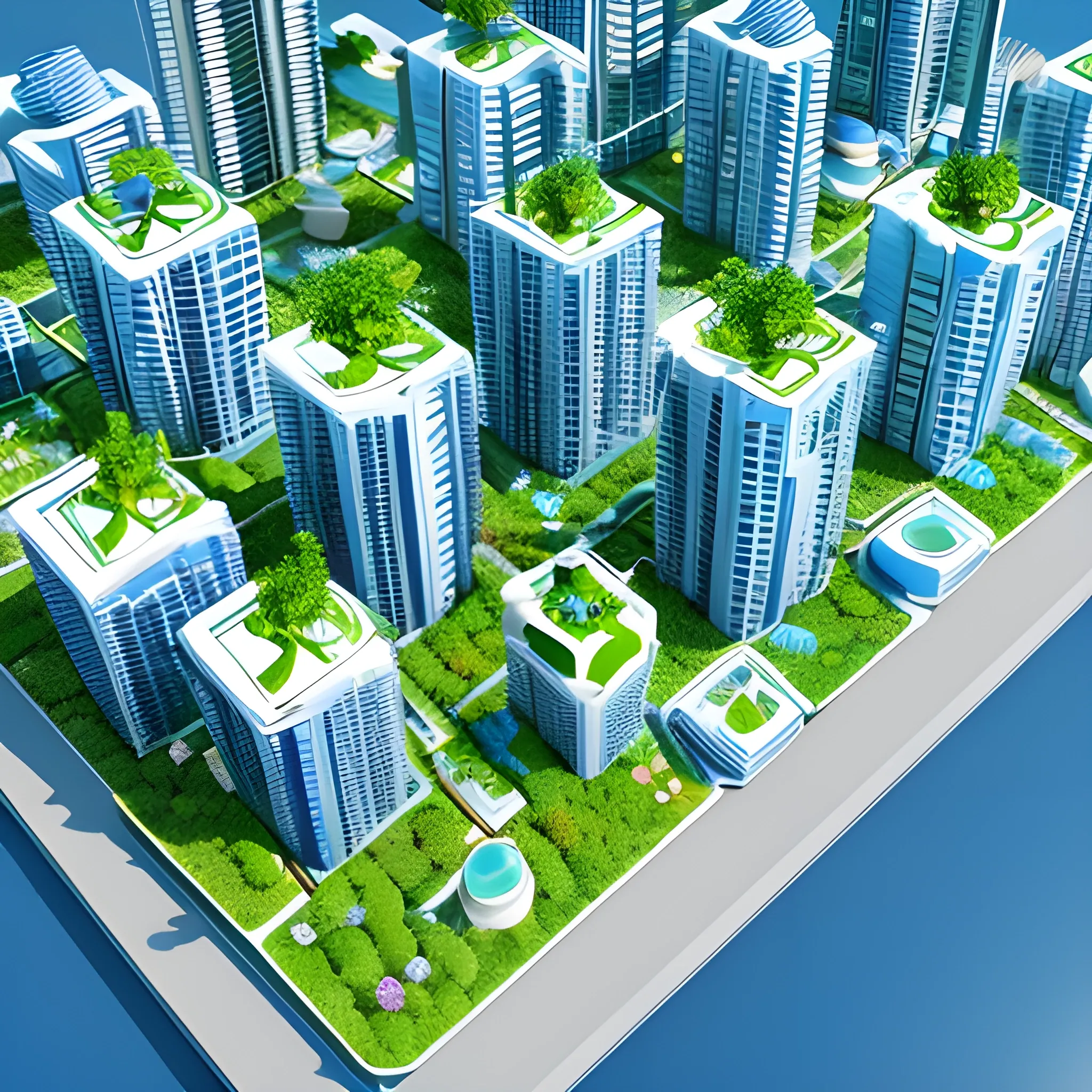 Future city, green utopia, blue water,  white buildings, colorful flowers and plants, 3D