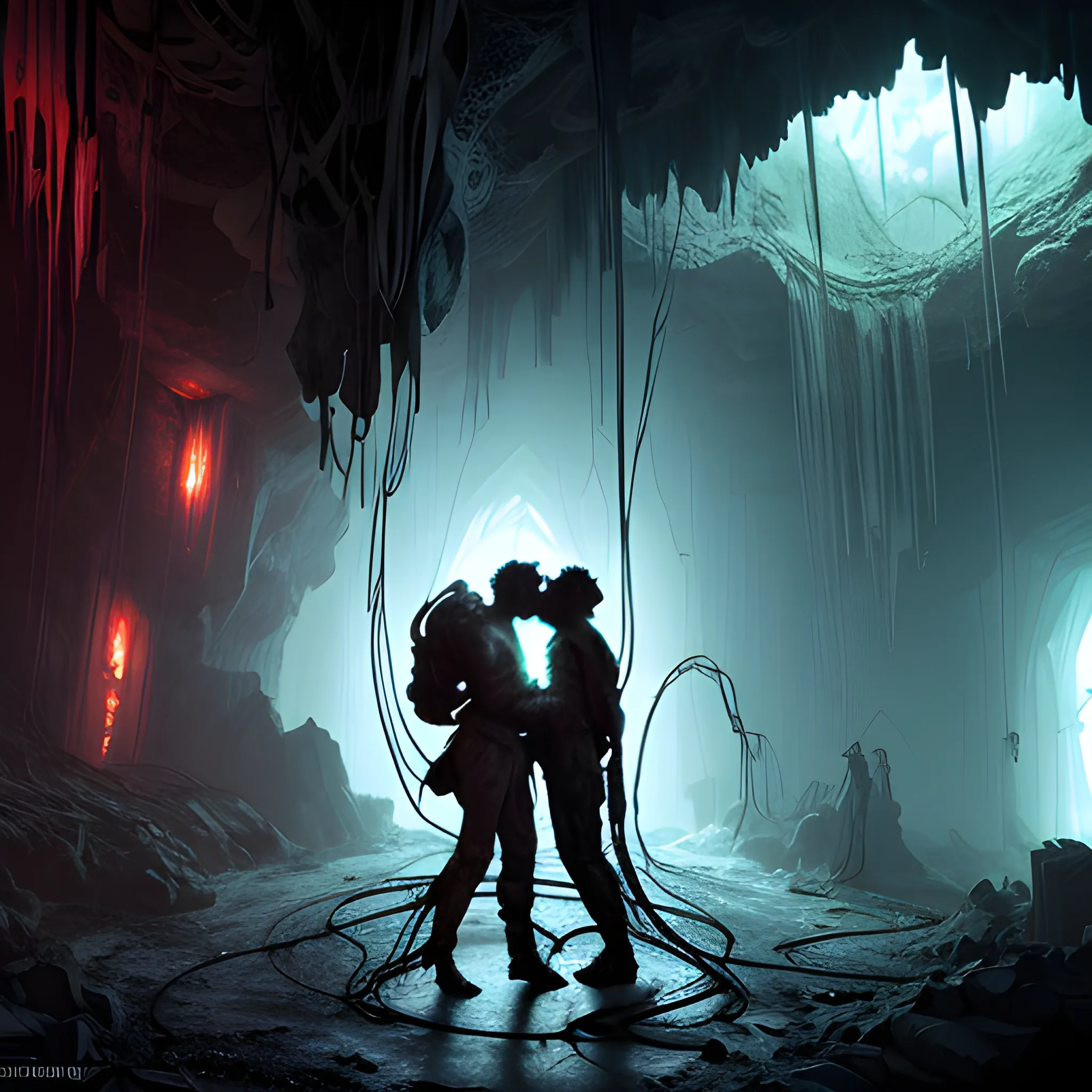 2 lovers kissing in ancient abandoned crumbling scifi cavernous artificial cave with wires, stalactites, completely destroyed, dark fantasy, sparks,  Artstation, dark and moody lighting, digital art, Similar to Abergavenny, Sid Mead inspired, Dnd