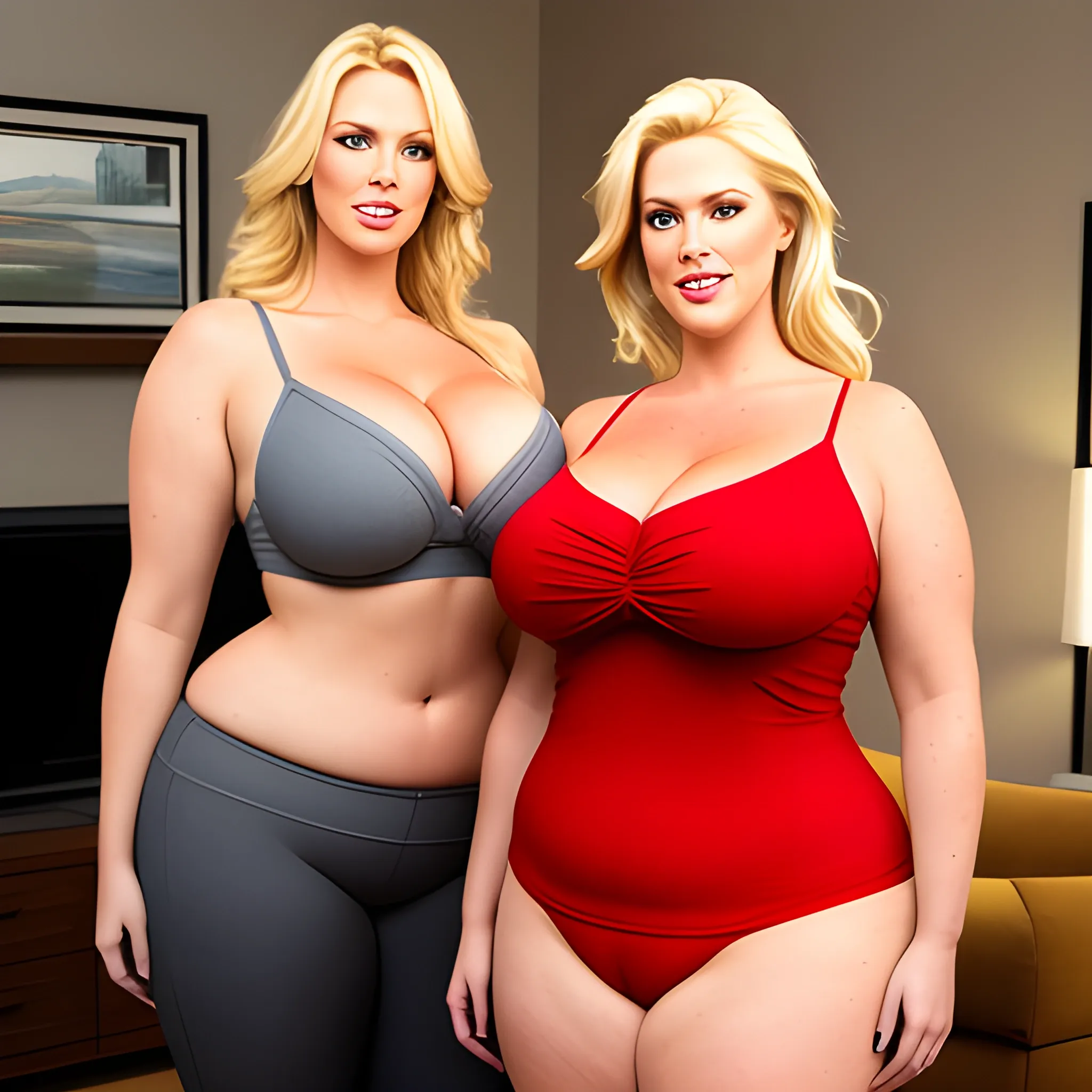 large and tall plus size thick blonde young girl with her smaller slim stepmother in the living room