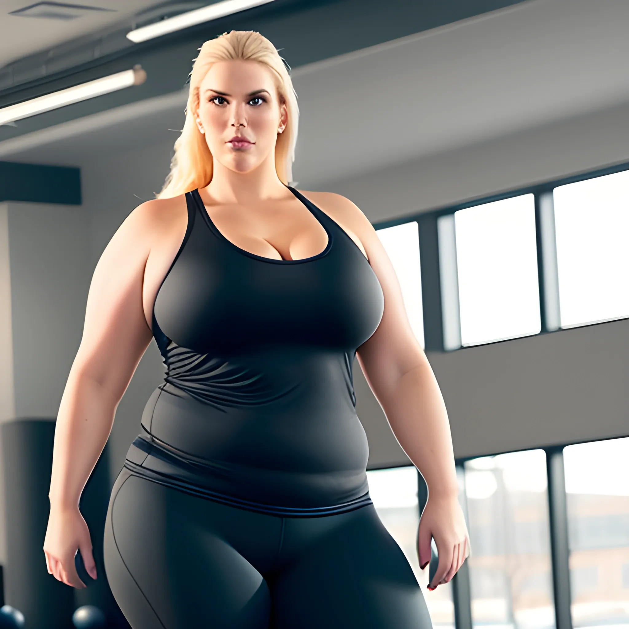 large tall overweight plus size thick blonde beautiful young girl staring in aerobic class
