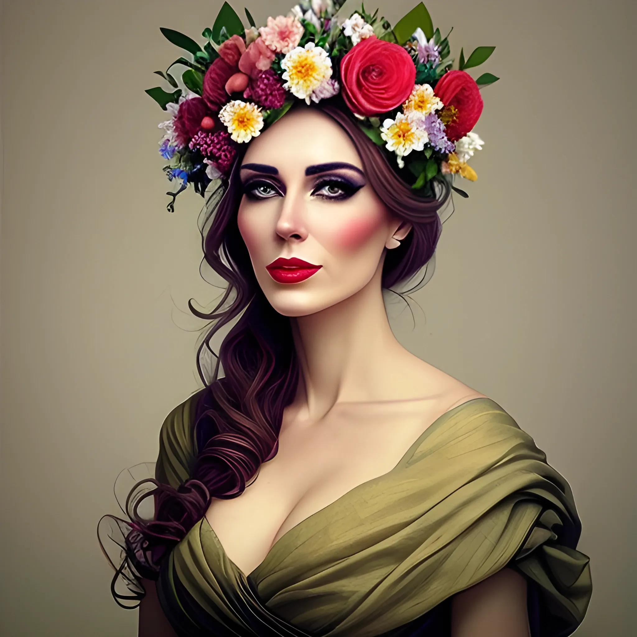 Girl with flowers on her head, beautiful and beautiful, art photo