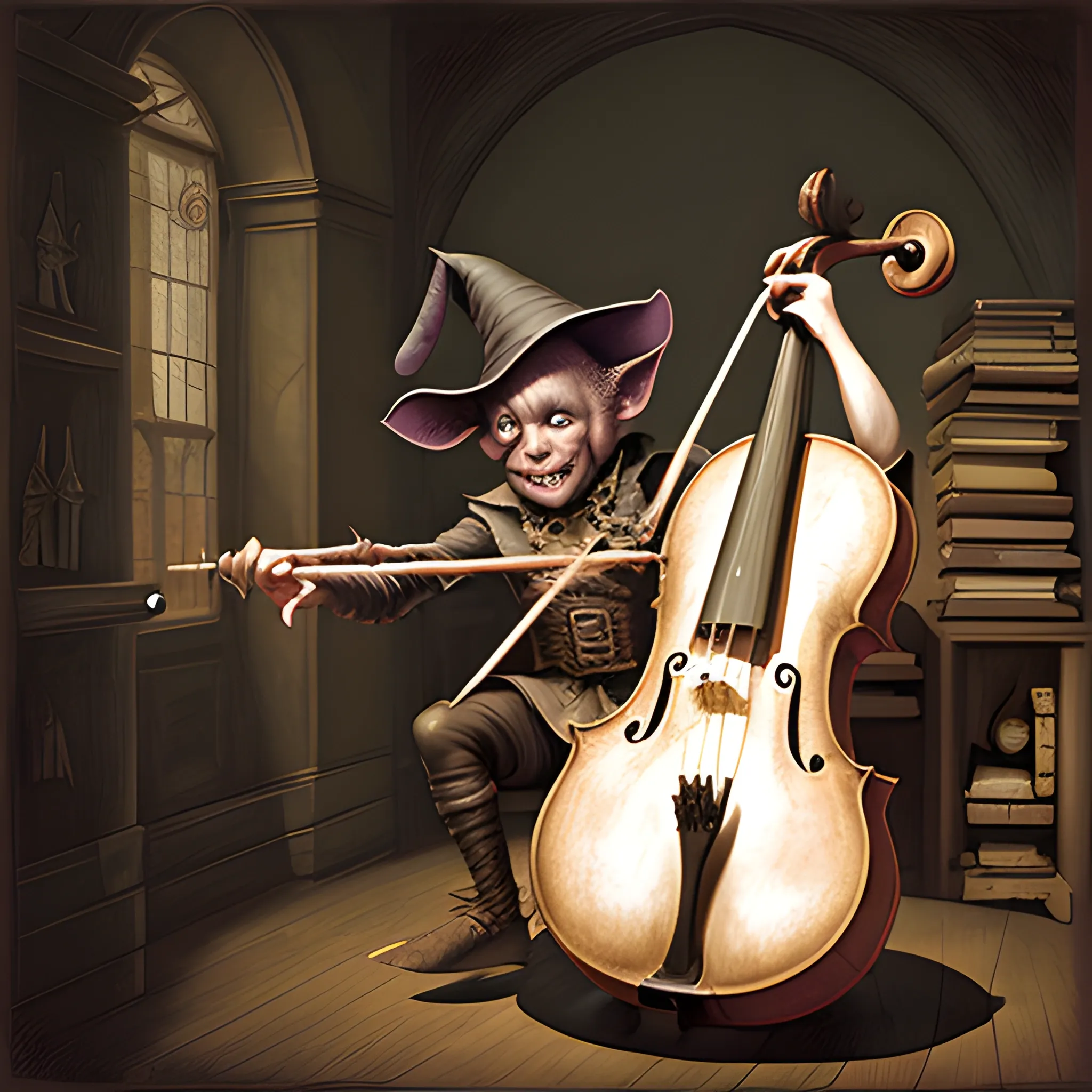 digital art of mischievous, sneaky goblin bard in tights and pointed hat playing a large cello, dark room, portrait, renaissance art, dnd, fish features