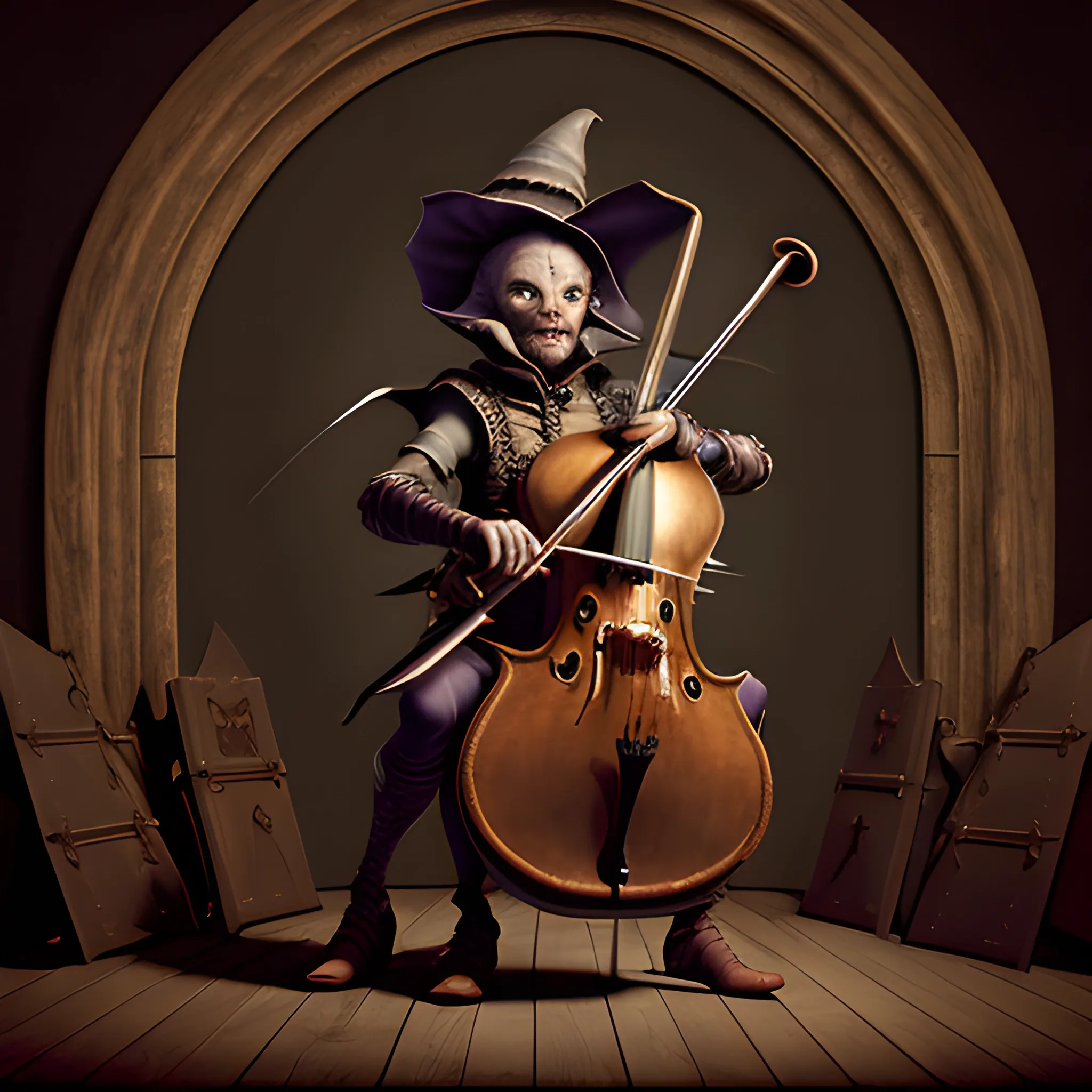 digital art of mischievous, sneaky goblin bard in tights and pointed hat playing a large cello, dark room, portrait, renaissance art, dnd, fish features