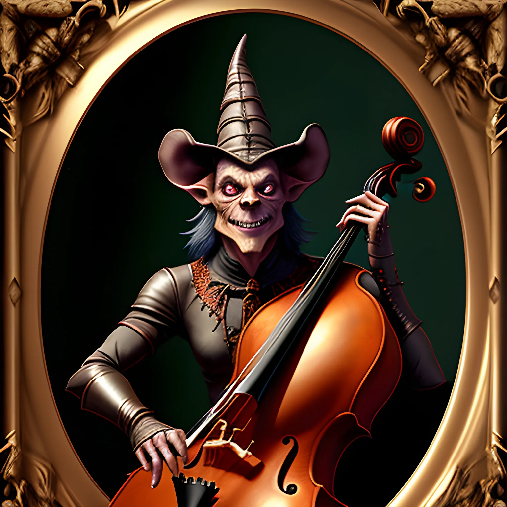 digital art portrait of mischievous sneaky little goblin bard in tights and pointed hat playing a large cello, dark room, portrait, renaissance art, dnd, fish features