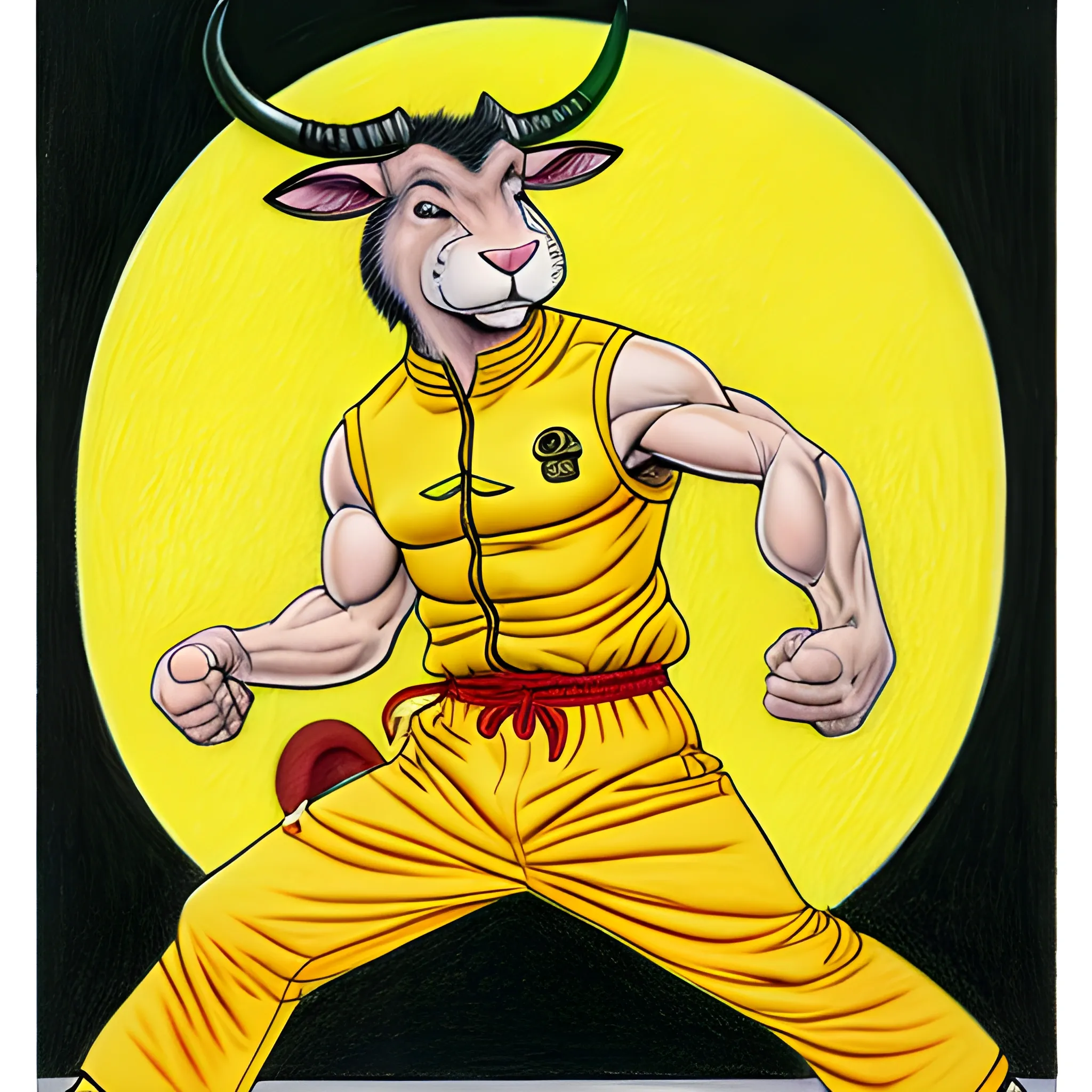 Colored pencil art on paper, Minotaur in a Bruce Lee yellow tracksuit with a big mouse on his feet,Cartoon