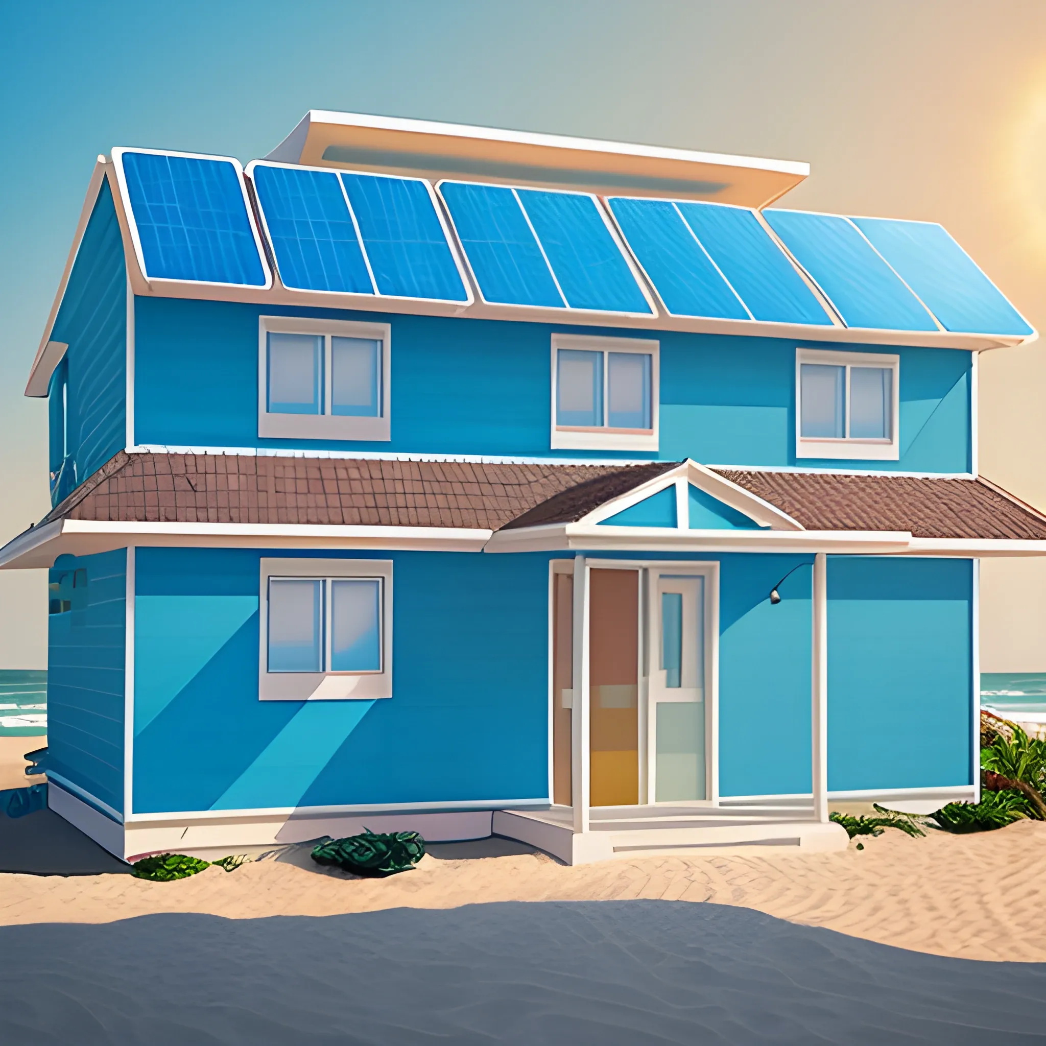 Retro-wave house in beach with solar panels and painted blue