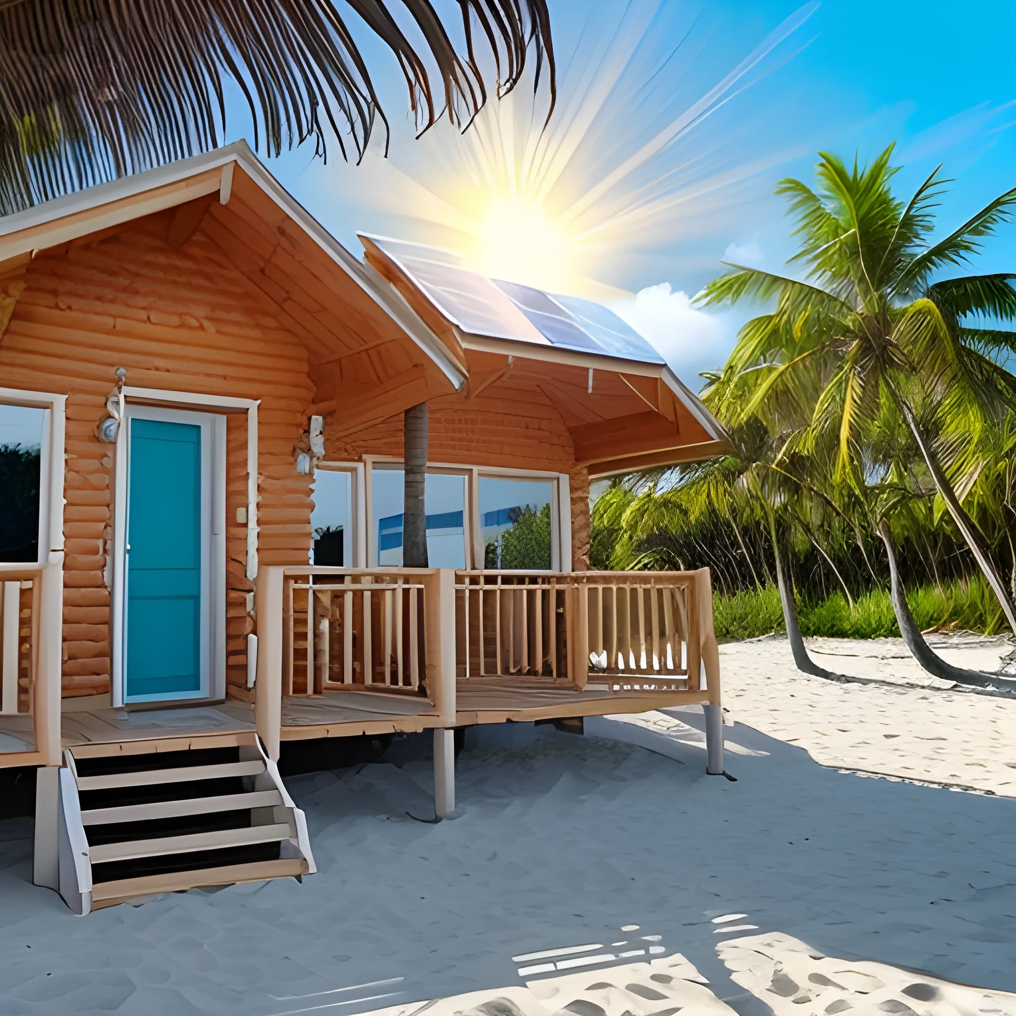 A photo of a beach cabin with solar panels on the roof and the sun making them shine. On the right are lush palm trees. 