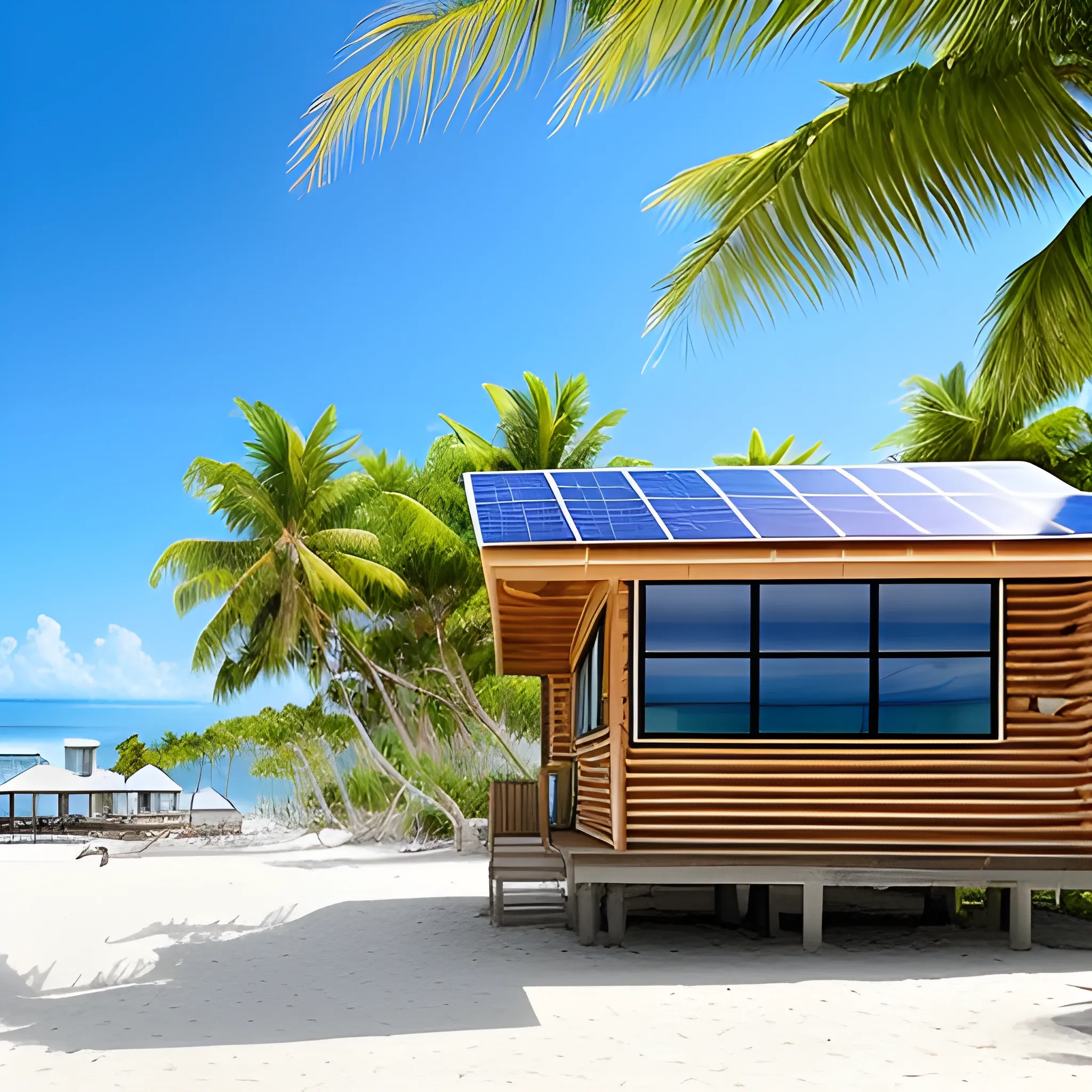 A photo of a beach cabin with solar panels on the roof and the sun making them shine. On the right are lush palm trees and the see in the background