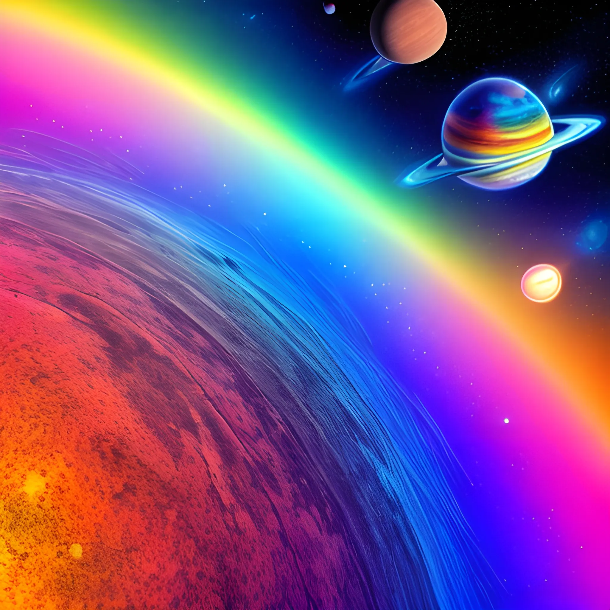 A space planet view with colorful nature, rainbow colors, mirage, hd, fov 100, ultra hd, 8k, happy, progressive, no words