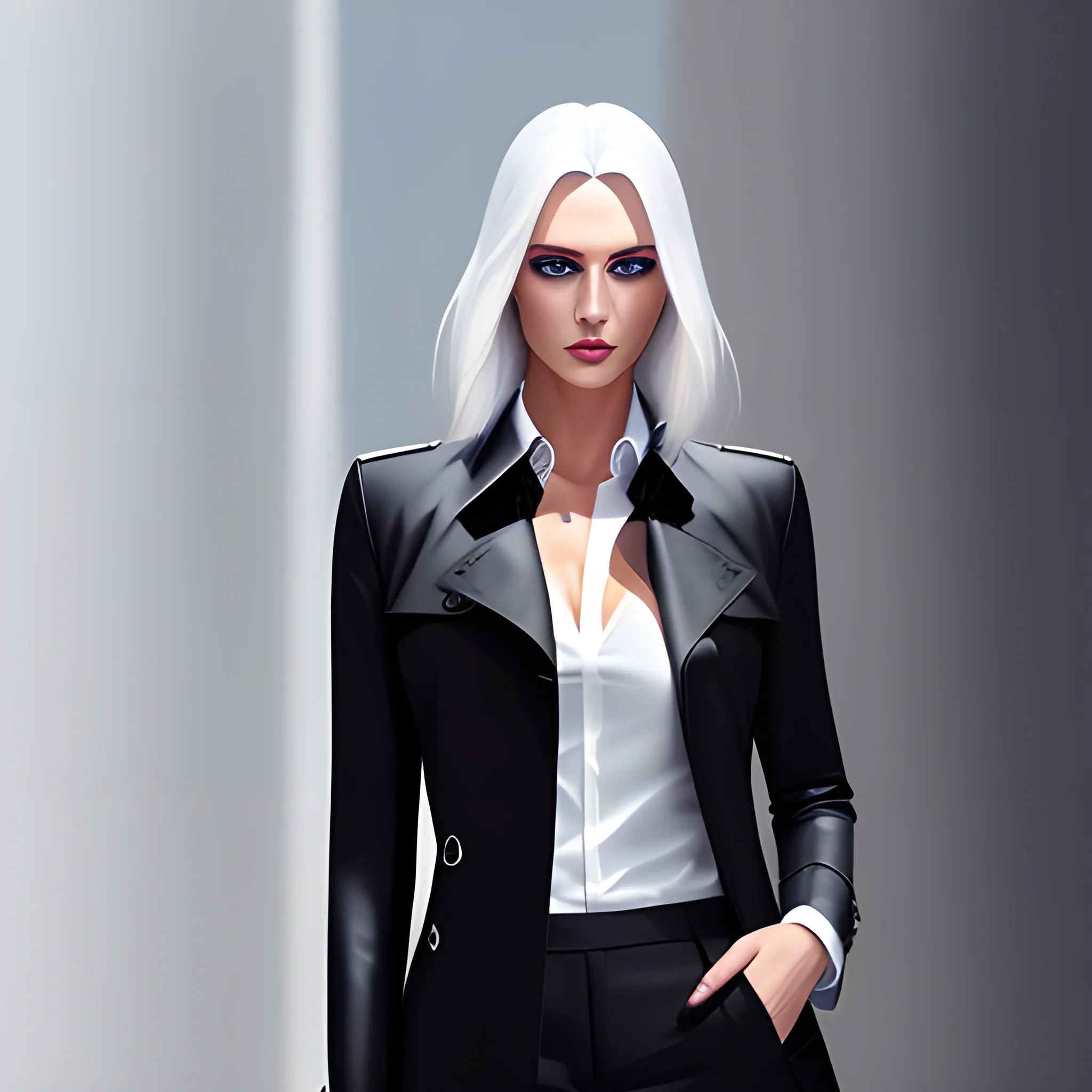 beautiful, girly, white trench coat, blue eyes, black shirt, white pants, black shoes, silver hair, thin, top quality, high resolution, 1080 p, (clear) face, (face detailed description), (hand detailed description), (masterpiece), CG (fine), extreme light and shadow, masterpiece, rich details, fine features, ,,