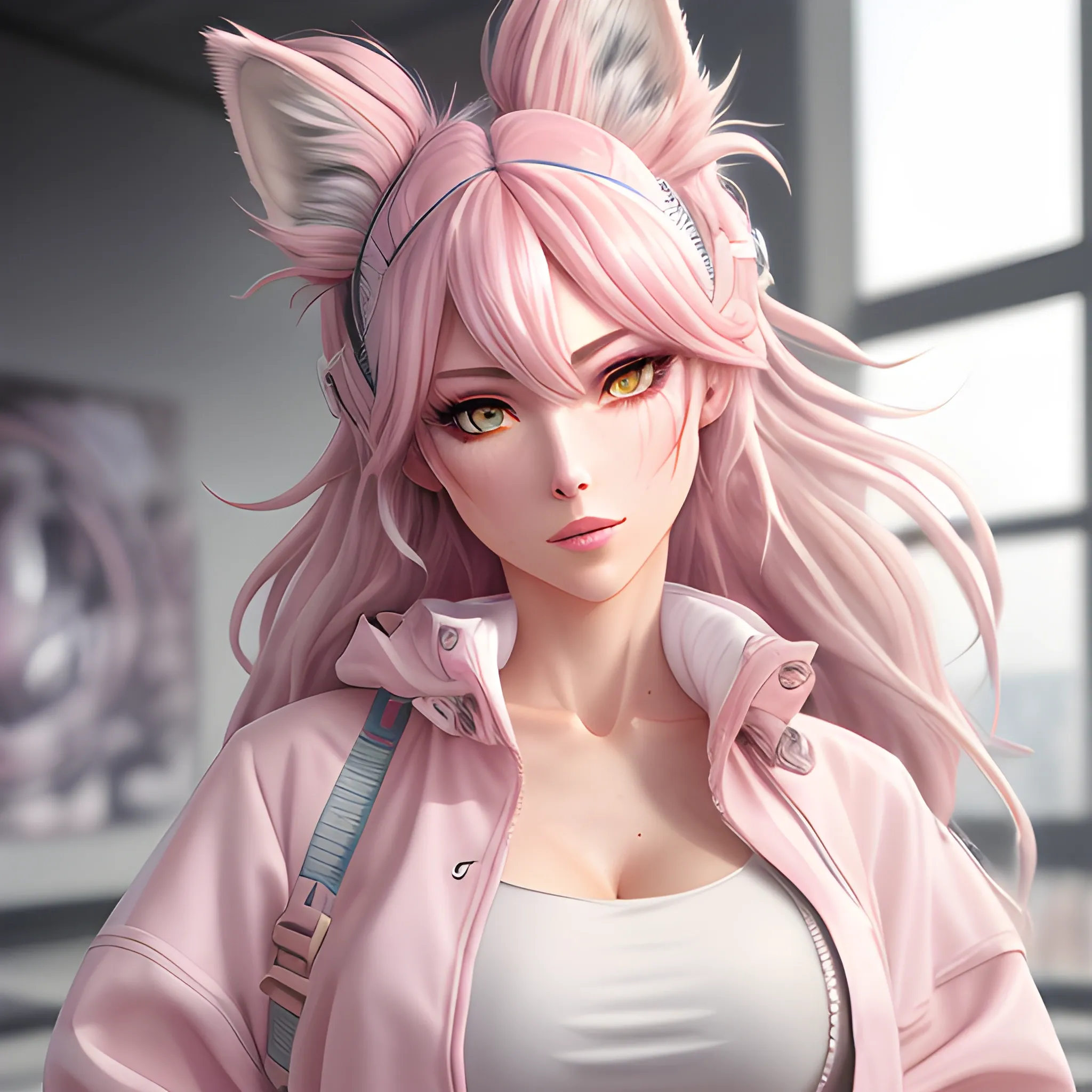 {best quality}, {{masterpiece}}, {highres}, original, extremely detailed 8K wallpaper, {1girl}, {an extremely delicate and beautiful},wolf ear fluff,messy_hair,pink hair,wide-eyed,{wariza},ray tracing,arms behind back,{white_windbreaker},indoors,nervous,hair bow,thigh strap,hairband,