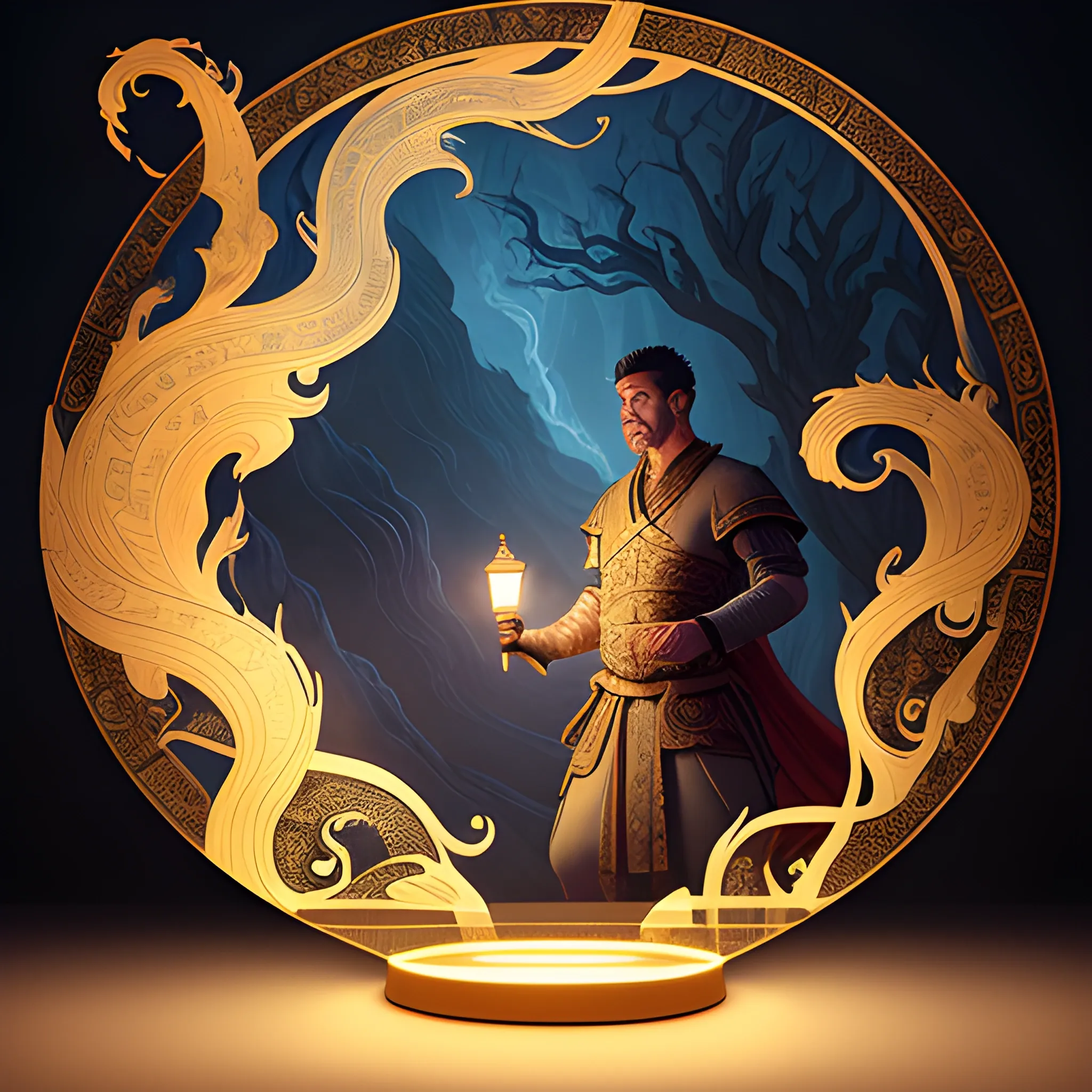 A man holds a lamp in the style of an epic fantasy scene, chinoiserie, ethereal illustration, swirls, to bring light to the world when night falls, 3D