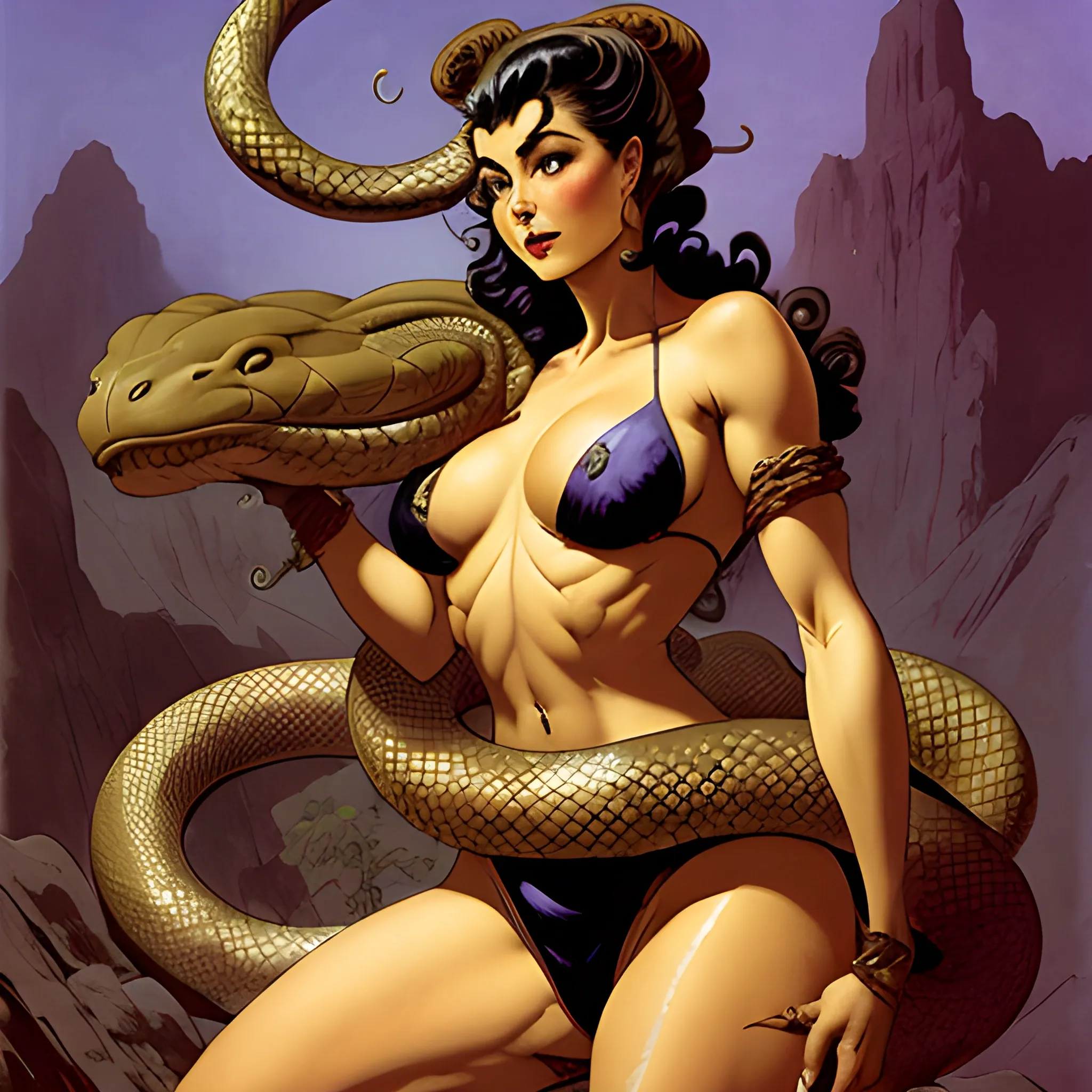 Frazetta style woman wrapped up in giant snake coils
