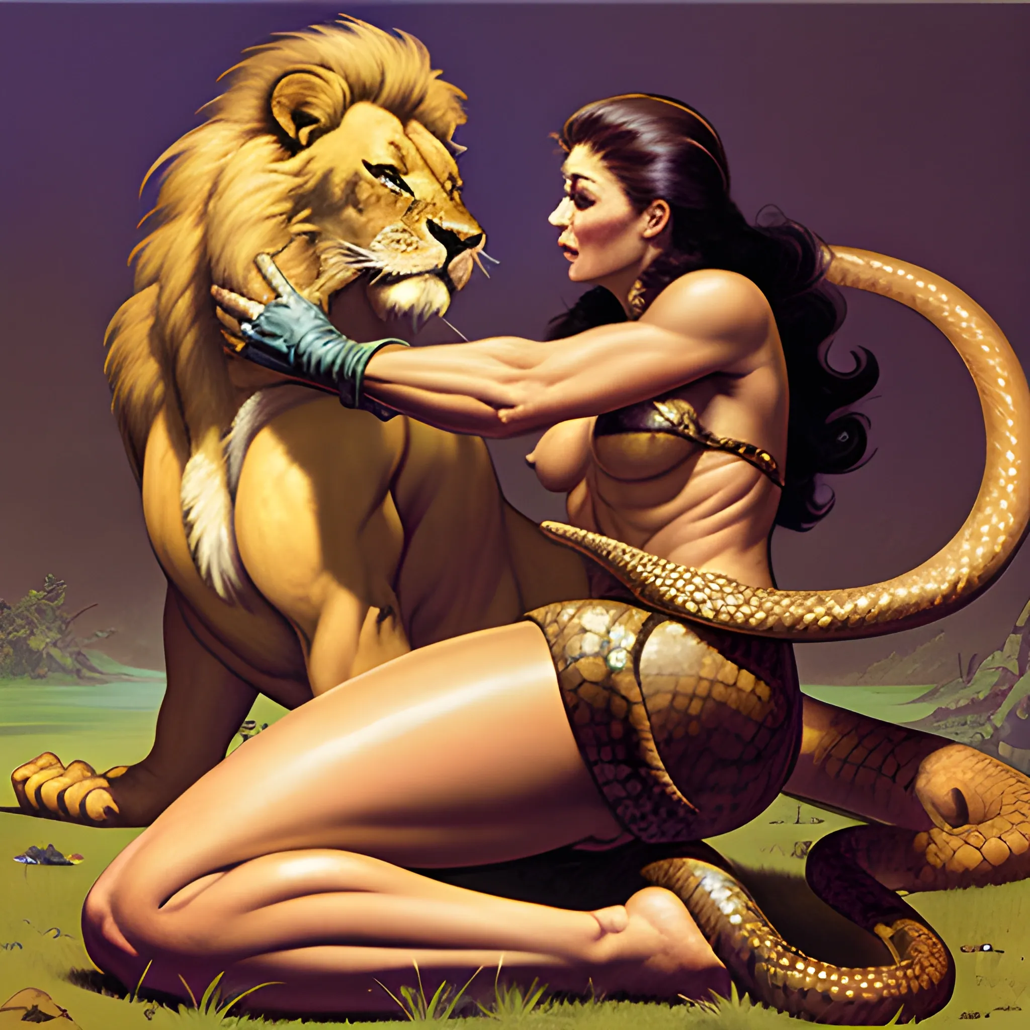 Frazetta style lion woman attacked by a giant python
