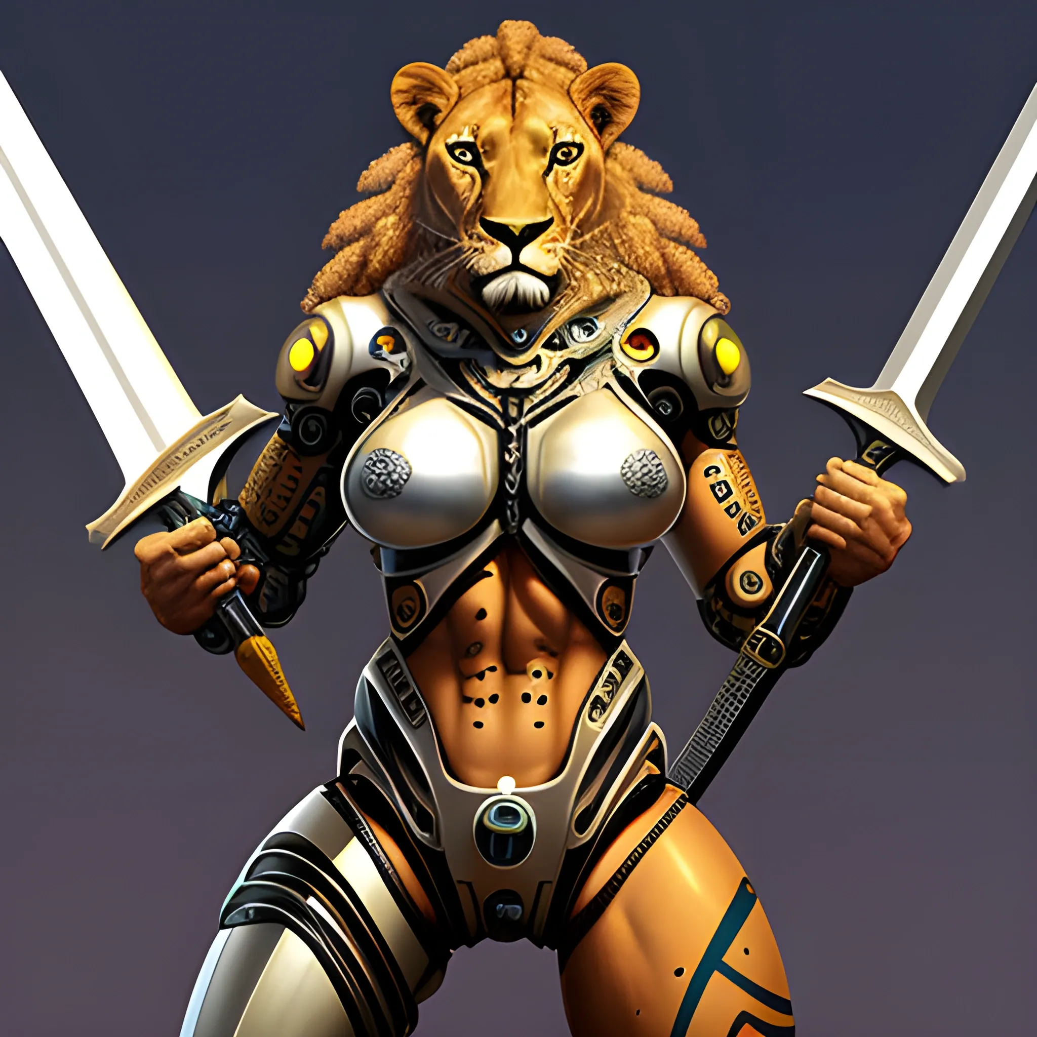 cyborg anthro lioness holding a massive sword
