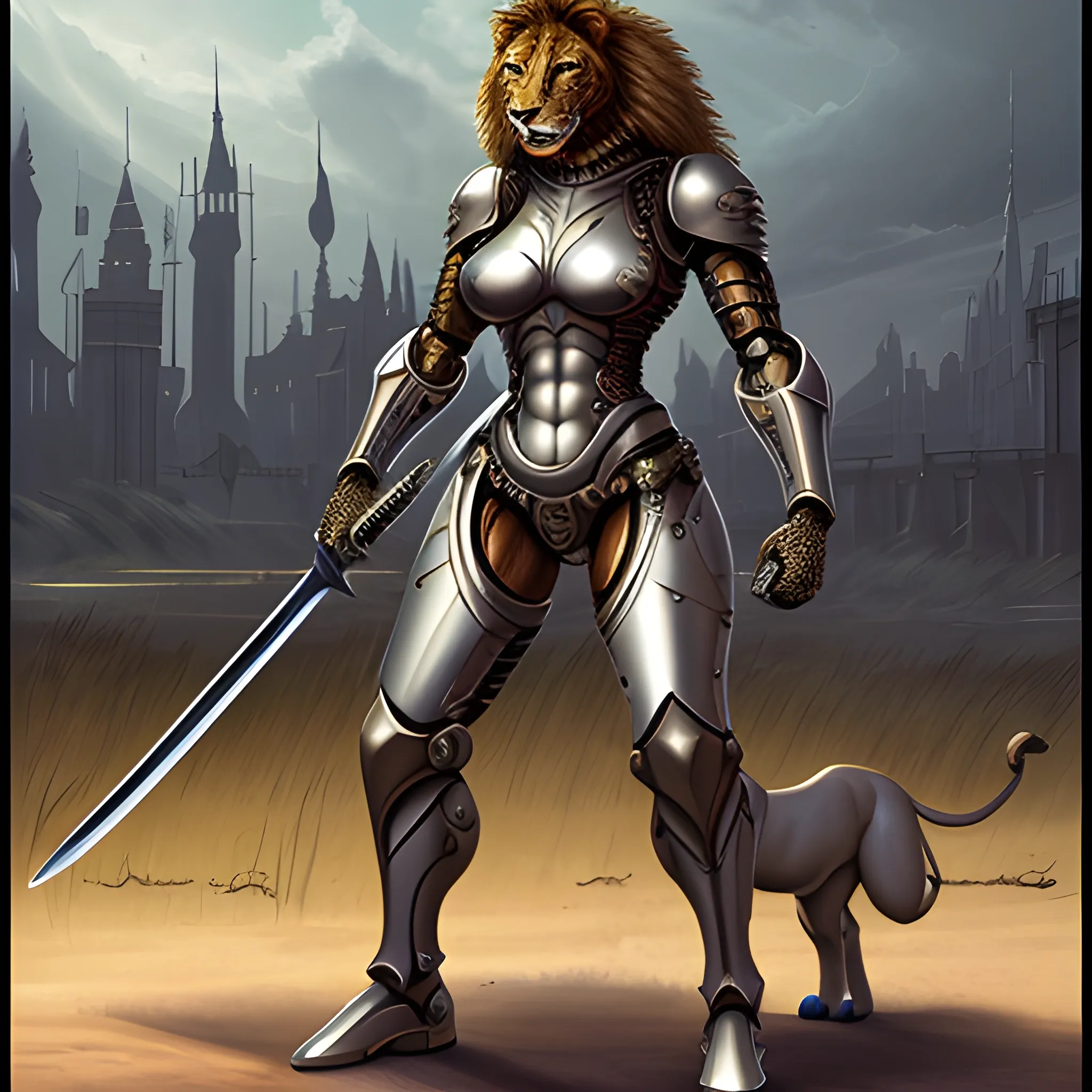 cyborg anthro lioness knight holding a massive sword