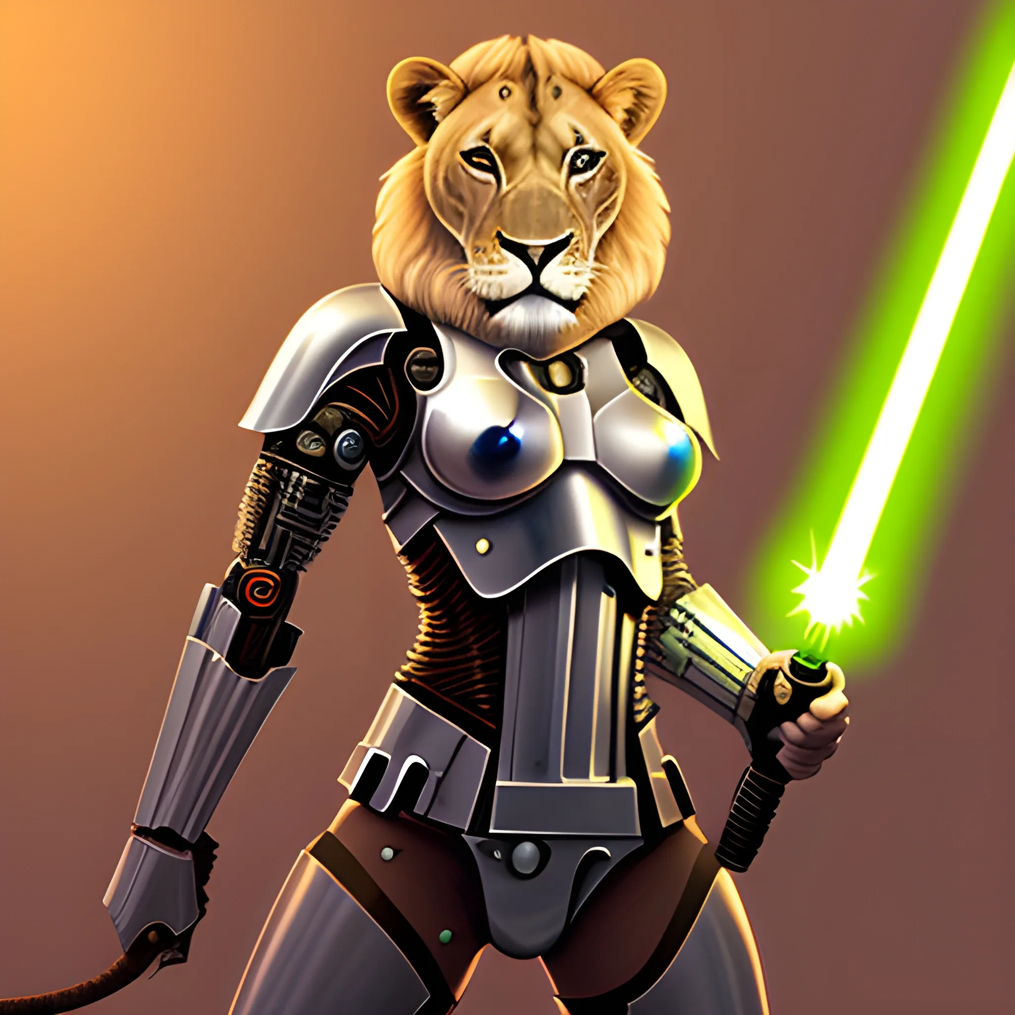 cyborg anthro lioness knight holding a lightsaber
