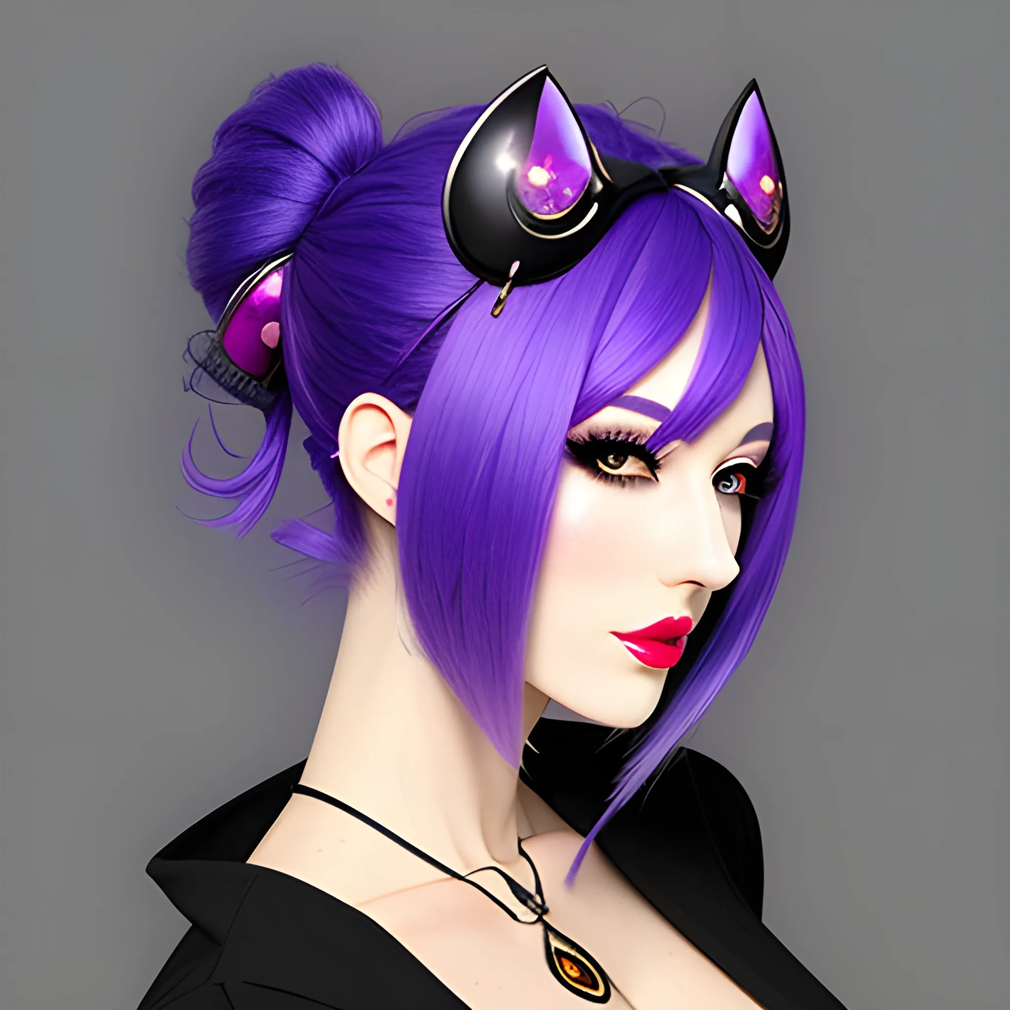 Fashionable anime girl, purple hair, moon hairclip, Trippy