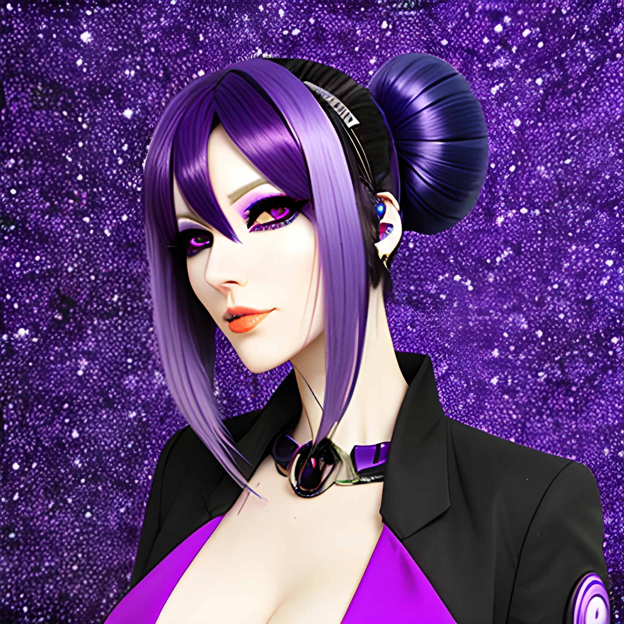 Fashionable anime girl, purple hair, moon hairclip, Trippy, Anime, Purple eyes, Cyberpunk