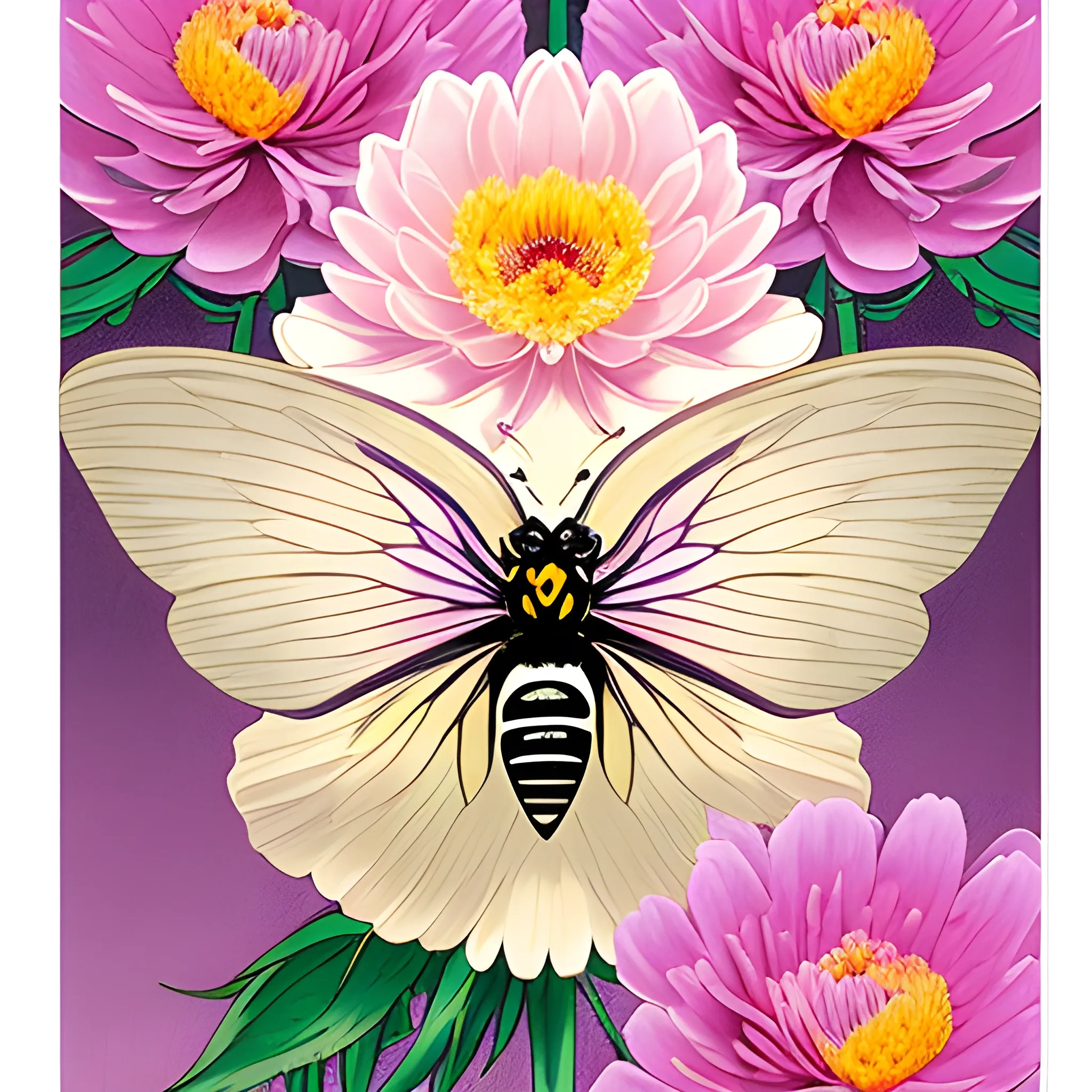 By akio watanabe, manga art, portrait of a insect butterlfy spreading its colorful wings, peony flower, chrysanthemum,  trading card front.