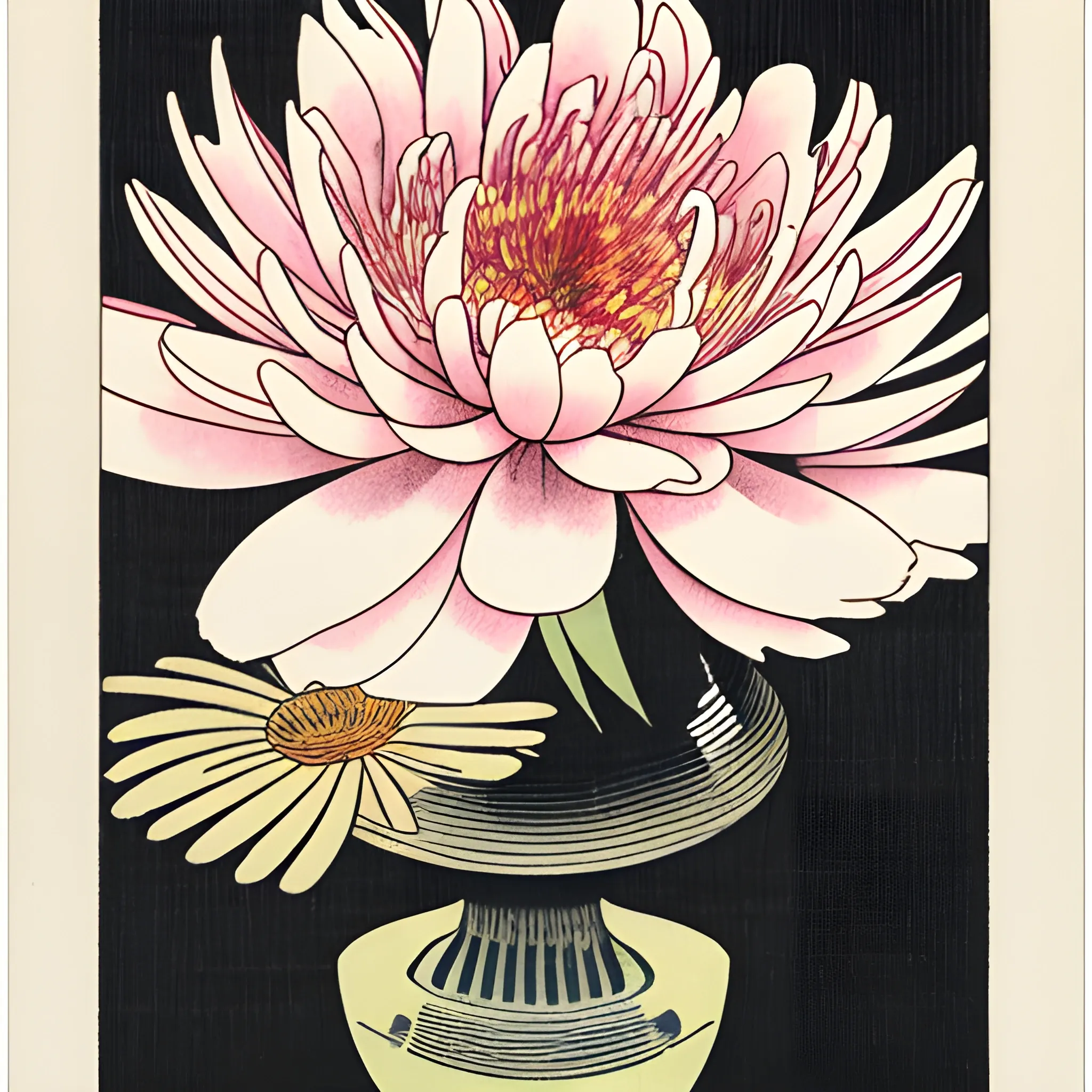 By akio watanabe, manga art, ukiyo-e styel, peony flower, chrysanthemum,  trading card front.