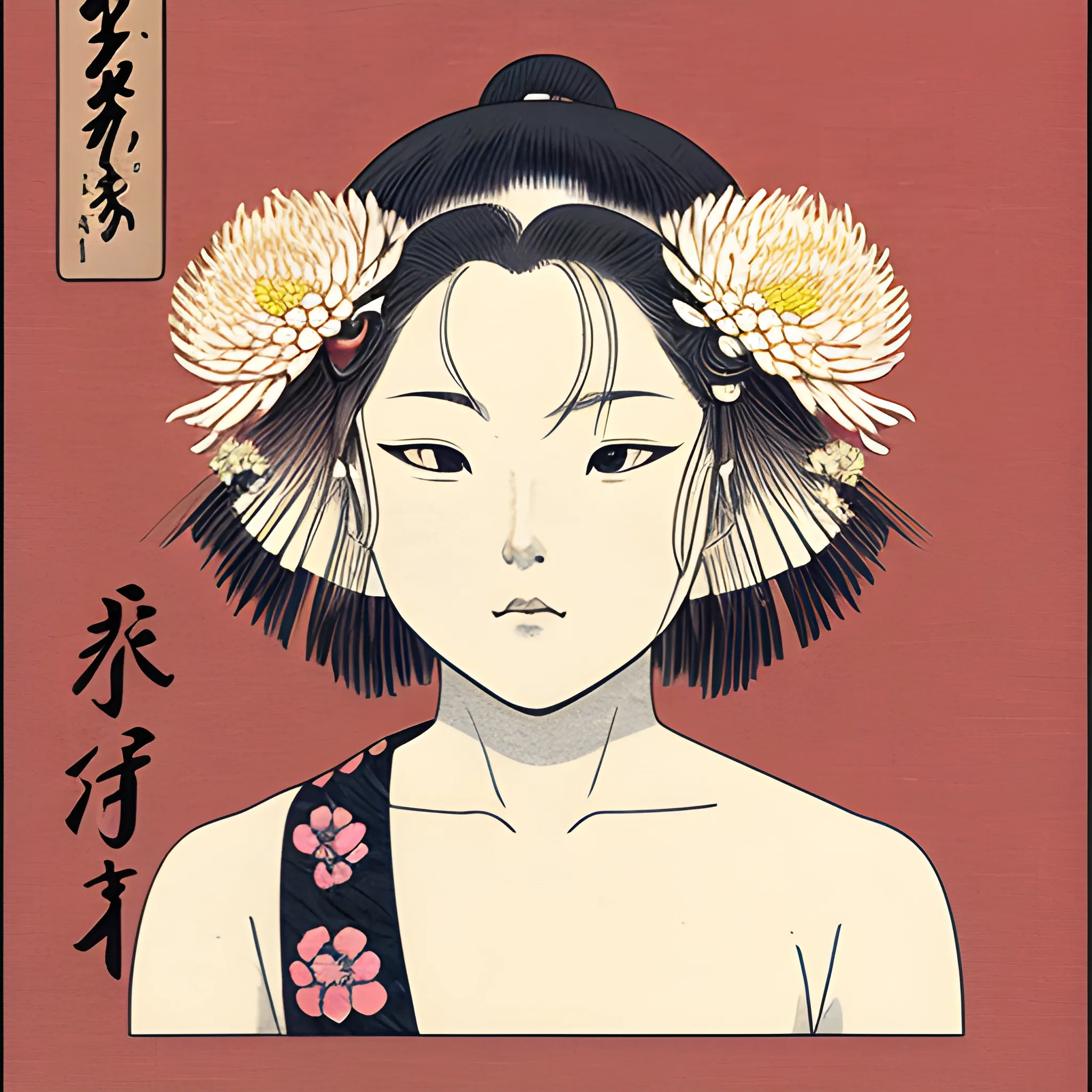 By akio watanabe, manga art, ukiyo-e styel, peony flower, chrysanthemum,  trading card front.