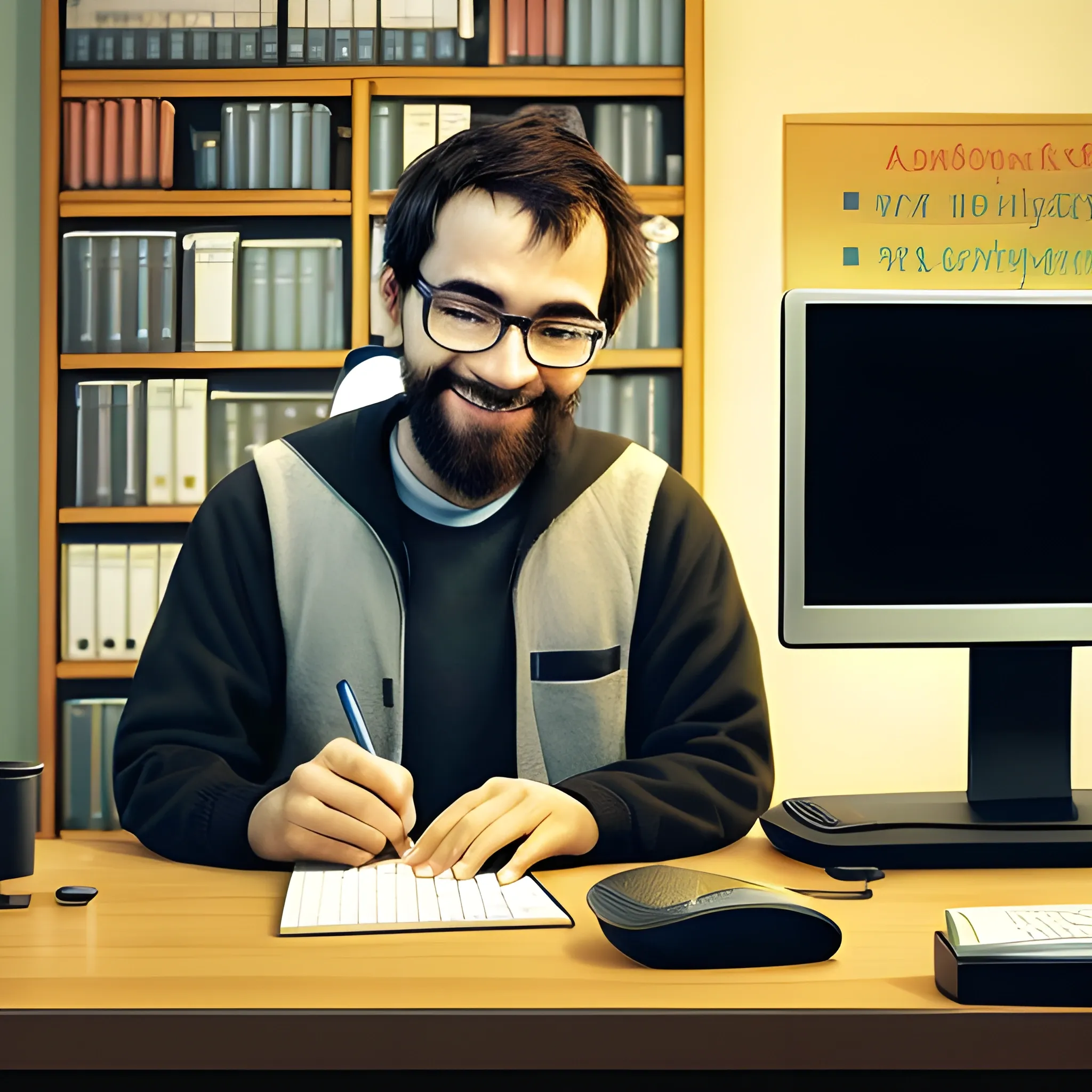 A duck is sitting at his desk, in front of a computer. The duck is using a keyboard and a mouse to write code. The duck is focused on his work and he doesn't notice his surroundings. The room is full of books, papers, and other objects related to programming. The computer is on and the code is running on the screen. The duck is happy and satisfied with his work. He knows that he is creating something that will be useful to others.