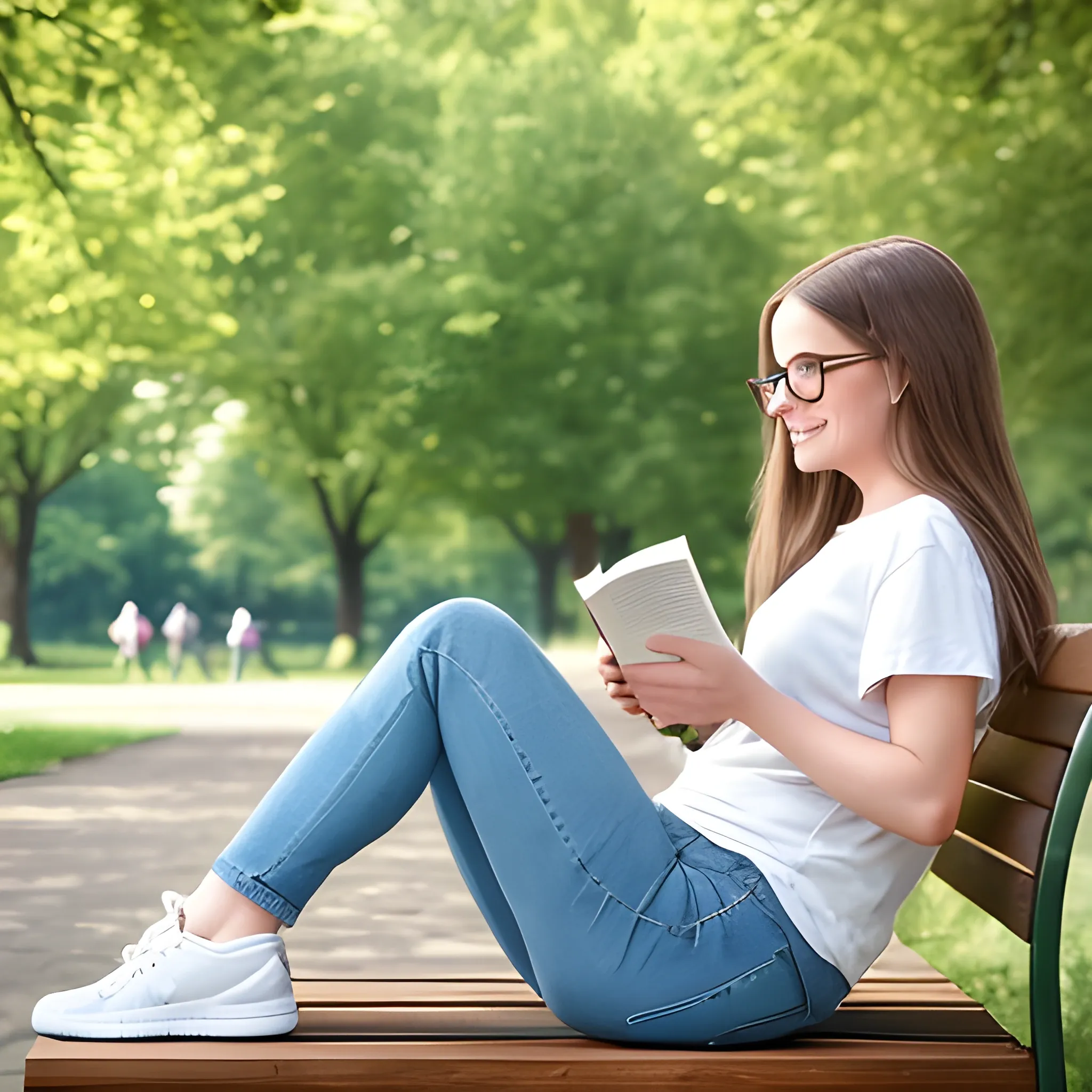A woman is sitting on a bench in the park. She is wearing jeans, a white t-shirt, and sneakers. She has long, loose brown hair and wears glasses. She is reading a book and seems to be enjoying the reading. The sun is shining and there are birds singing in the trees. The park is full of people, but the woman seems to be in her own world. She is relaxed and happy.