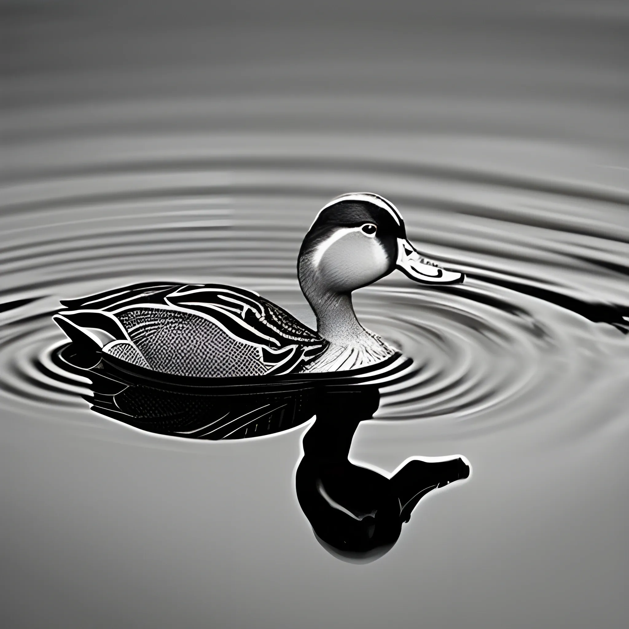 Duck with reflection, a beautiful picture in black and white with colored water drops