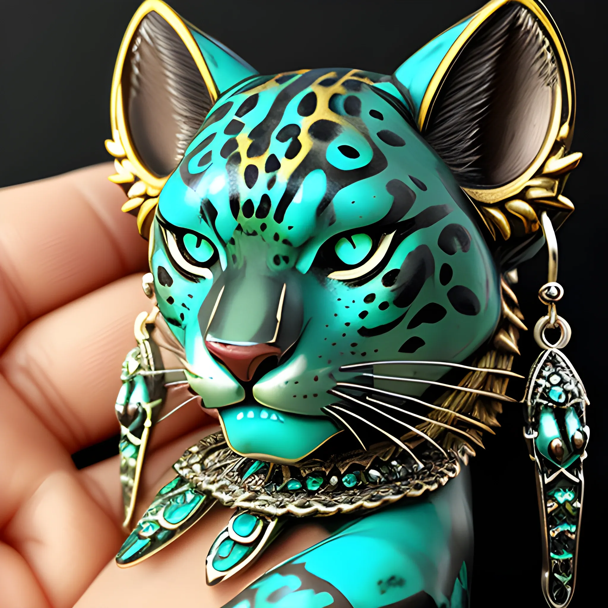 photorealistic dnd jaguar anthropomorphic female dungeons and dragons jaguar tabaxi female pierced ears turquoise jewelry, jade accessories, 