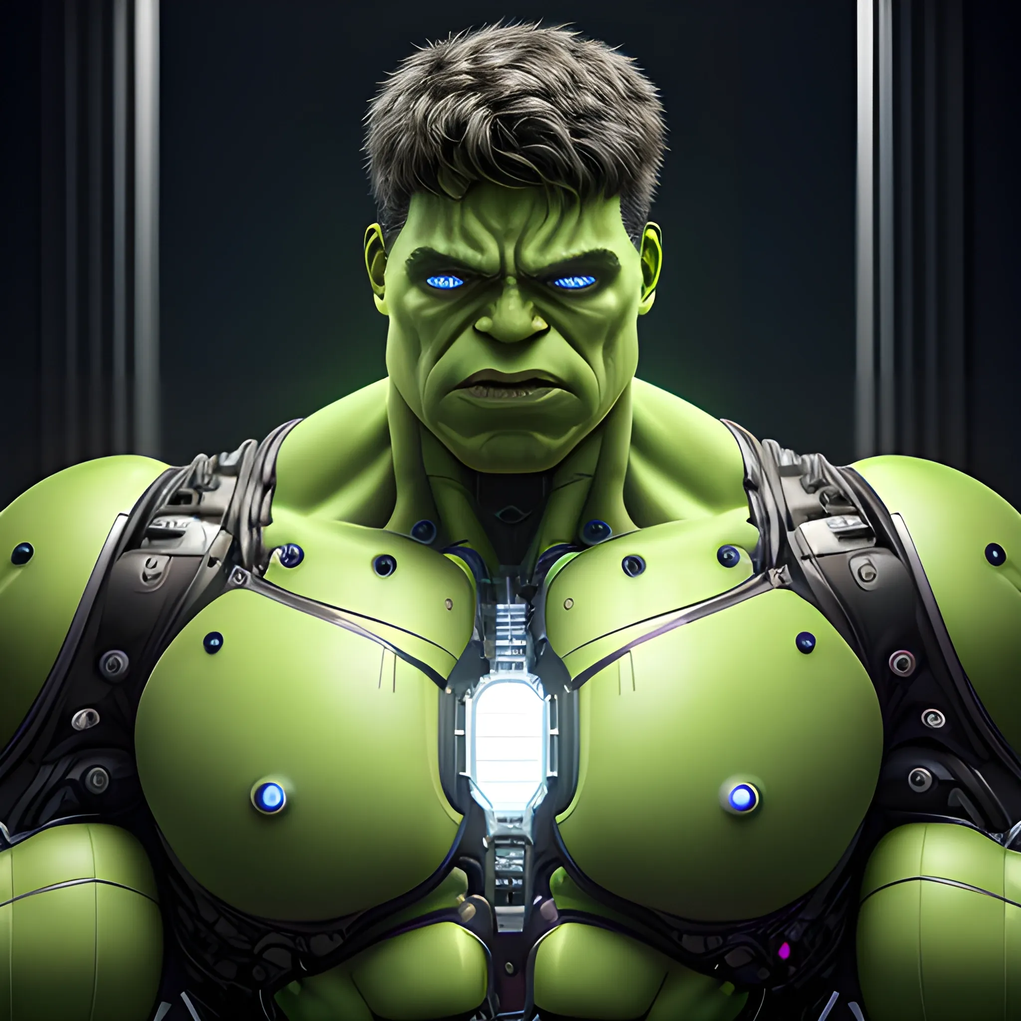 Hulk, ultra detailed, 
half torso image, cyborg, robotic parts, beautiful soft studio light, edge lighting, vibrant details, luxurious cyberpunk, lace, hyper realistic, electrical wires, hulk microchip in the head , beautiful background , style robocop, 4k
, Cartoon