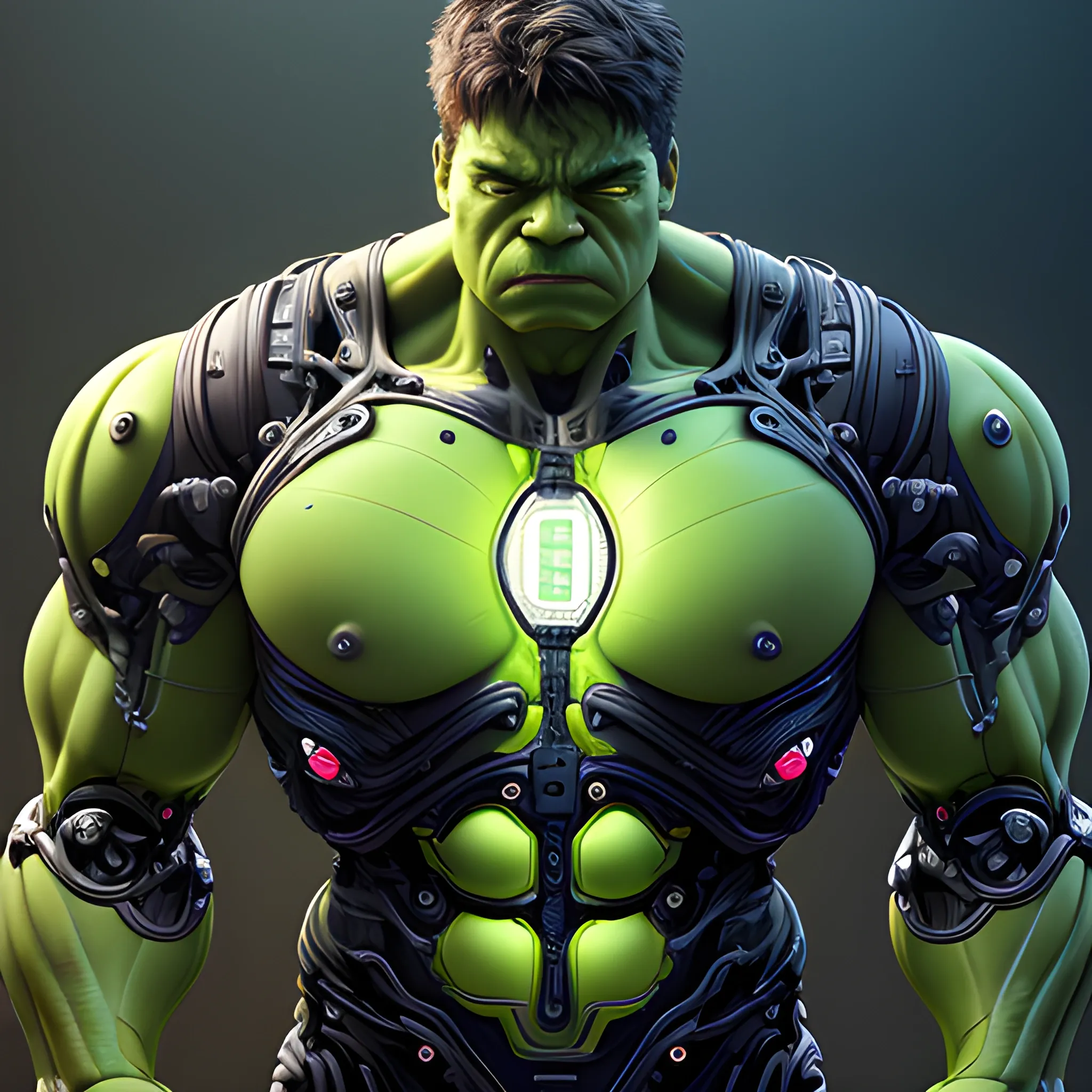 Hulk, ultra detailed, 
half torso image, cyborg, robotic parts, beautiful soft studio light, edge lighting, vibrant details, luxurious cyberpunk, lace, hyper realistic, electrical wires, hulk microchip in the head , beautiful background , style robocop, 4k
, Cartoon, Oil Painting, Oil Painting