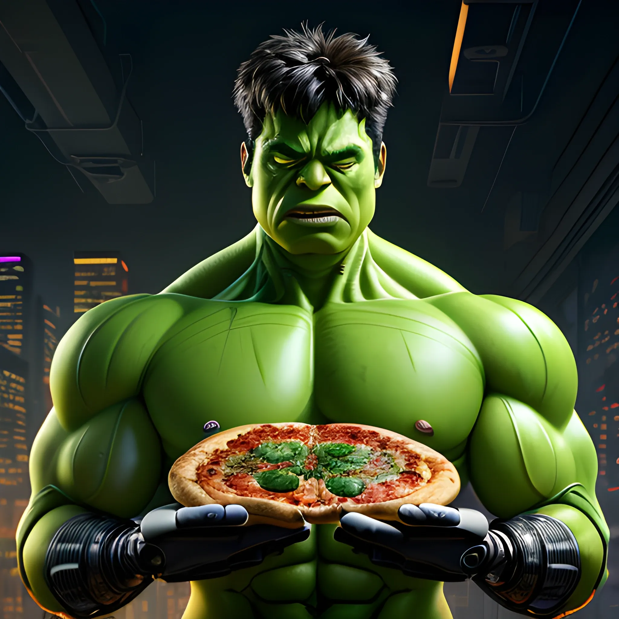 Hulk eating pizza, ultra detailed, 
half torso image, cyborg, robotic parts, beautiful soft studio light, edge lighting, vibrant details, luxurious cyberpunk, lace, hyper realistic, electrical wires, hulk microchip in the head , beautiful background , style robocop, 4k
, Cartoon 