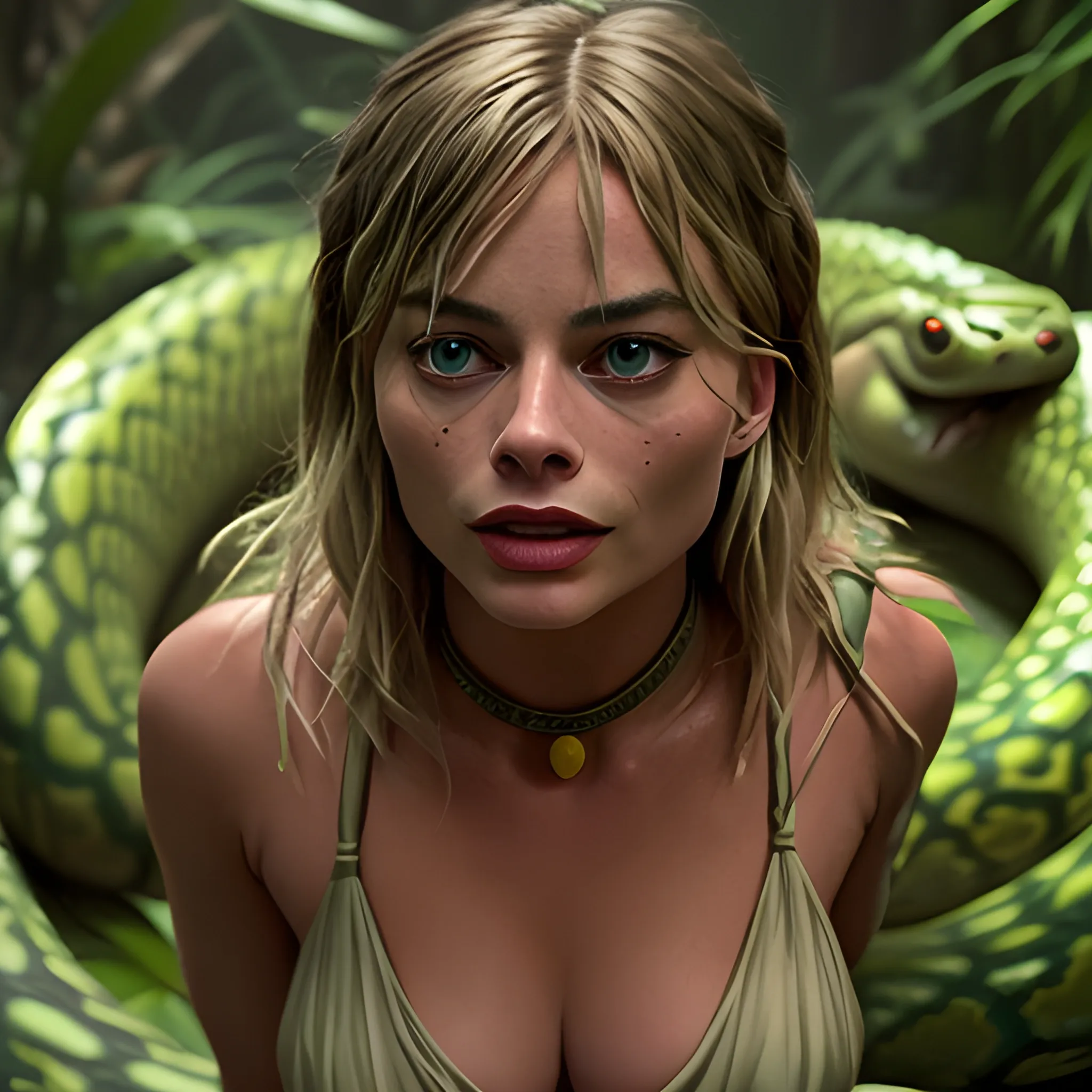 Margot Robbie as mowgli squeezed to death by a giant snake