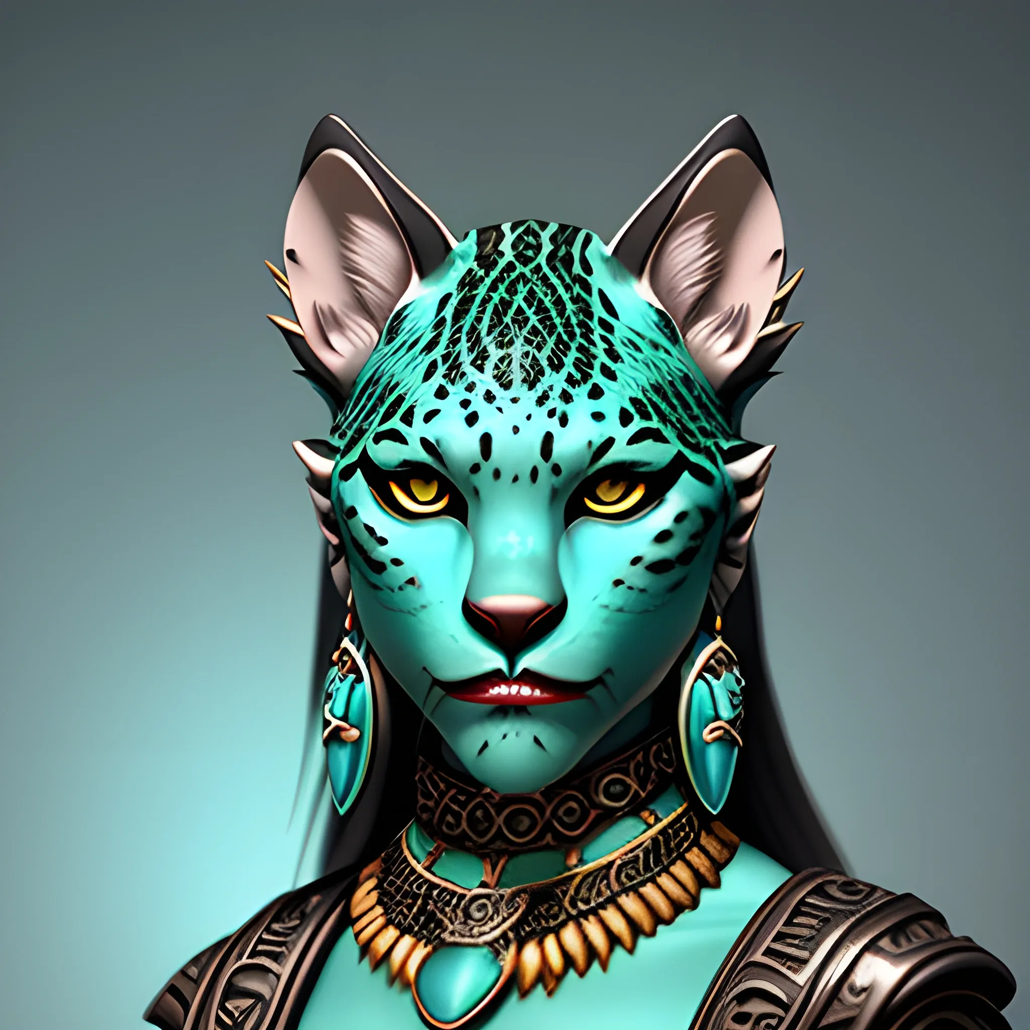 photorealistic dnd jaguar anthropomorphic female dungeons and dragons jaguar tabaxi female pierced ears turquoise jewelry, jade accessories, 