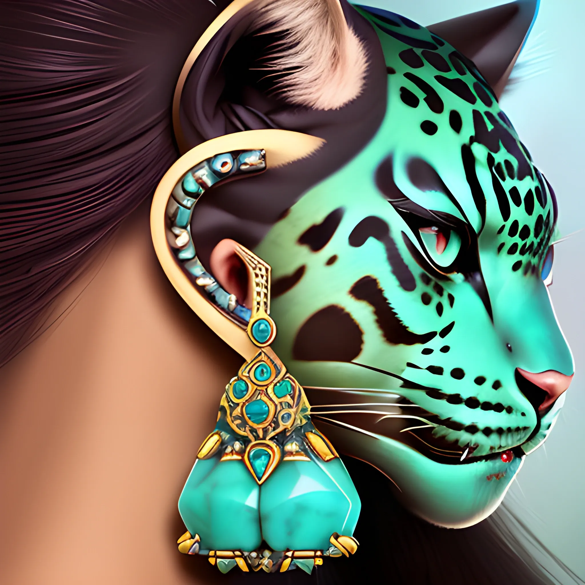 photorealistic dnd jaguar anthropomorphic female dungeons and dragons jaguar tabaxi female pierced ears turquoise jewelry, jade accessories, elegant ornate