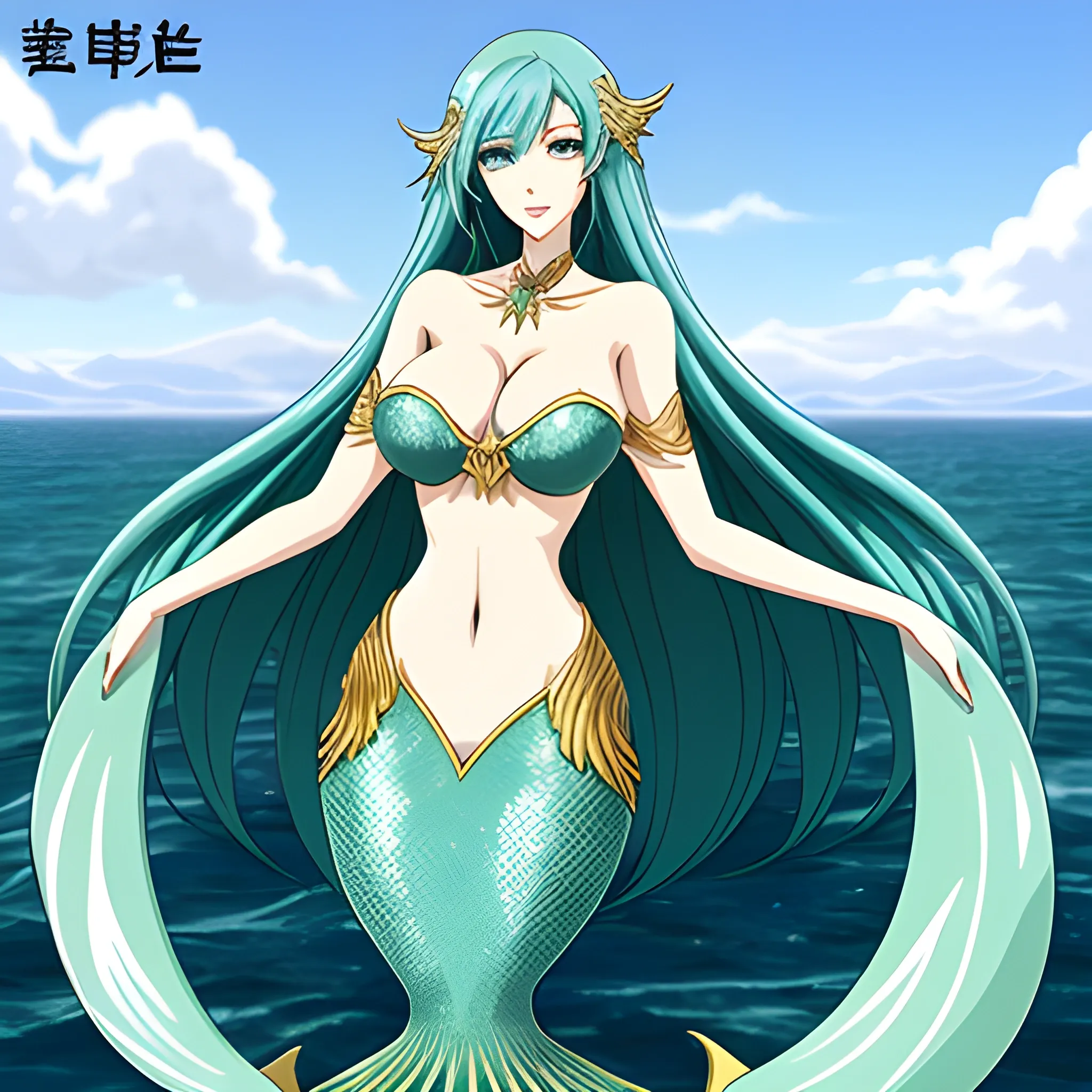 anime, mermaid goddess, pretty girl face, long teal hair, tall skinny full body
